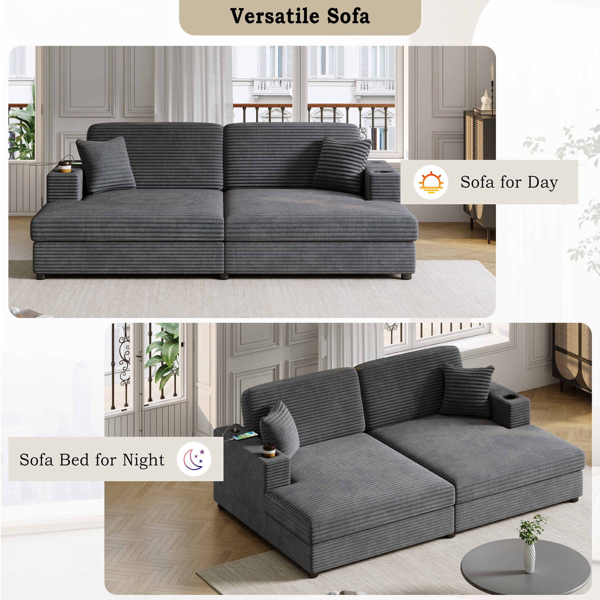 Dark gray corduroy sectional sofa with integrated cup holder perfect for living rooms