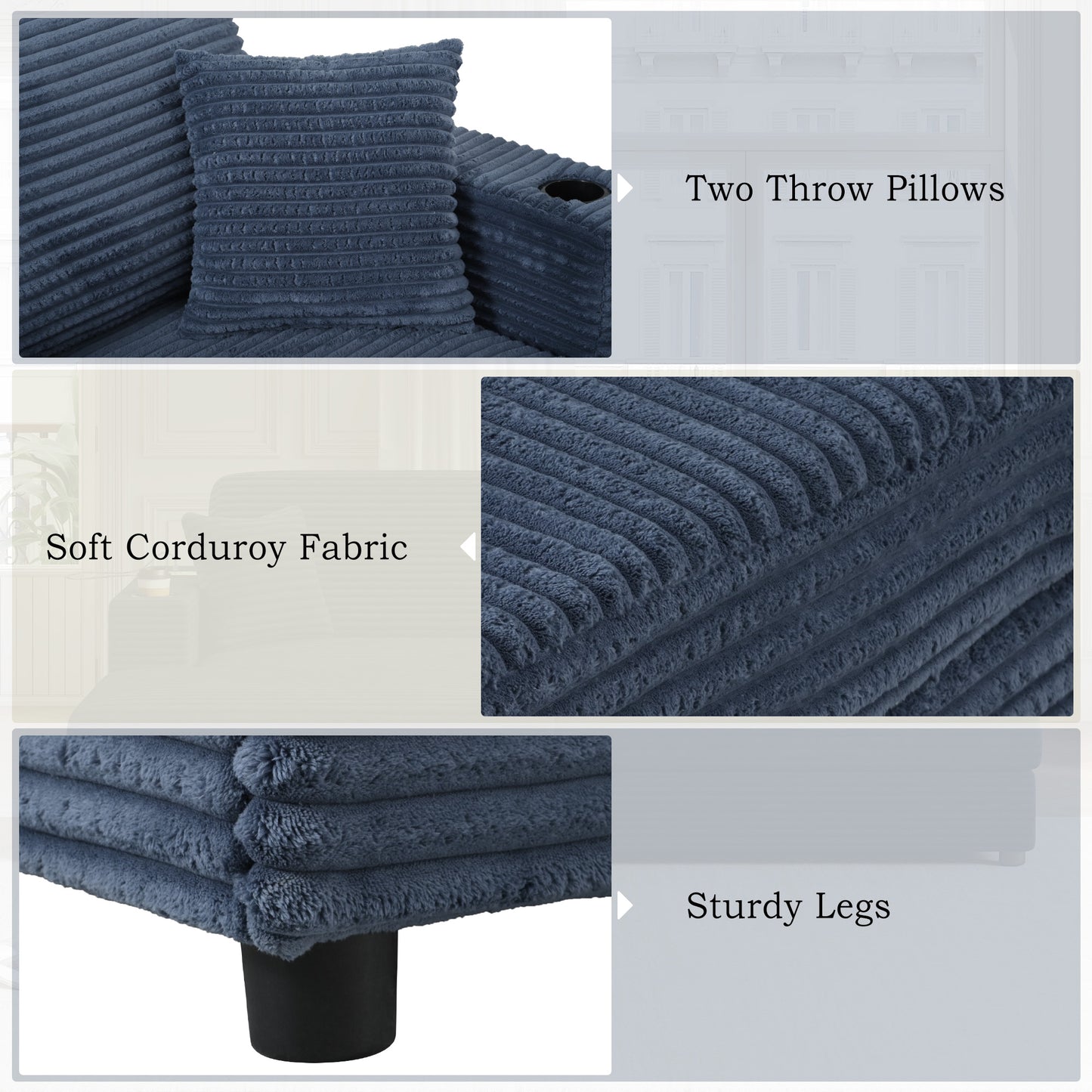 Navy blue corduroy throw pillows with textured ribbed design set of two