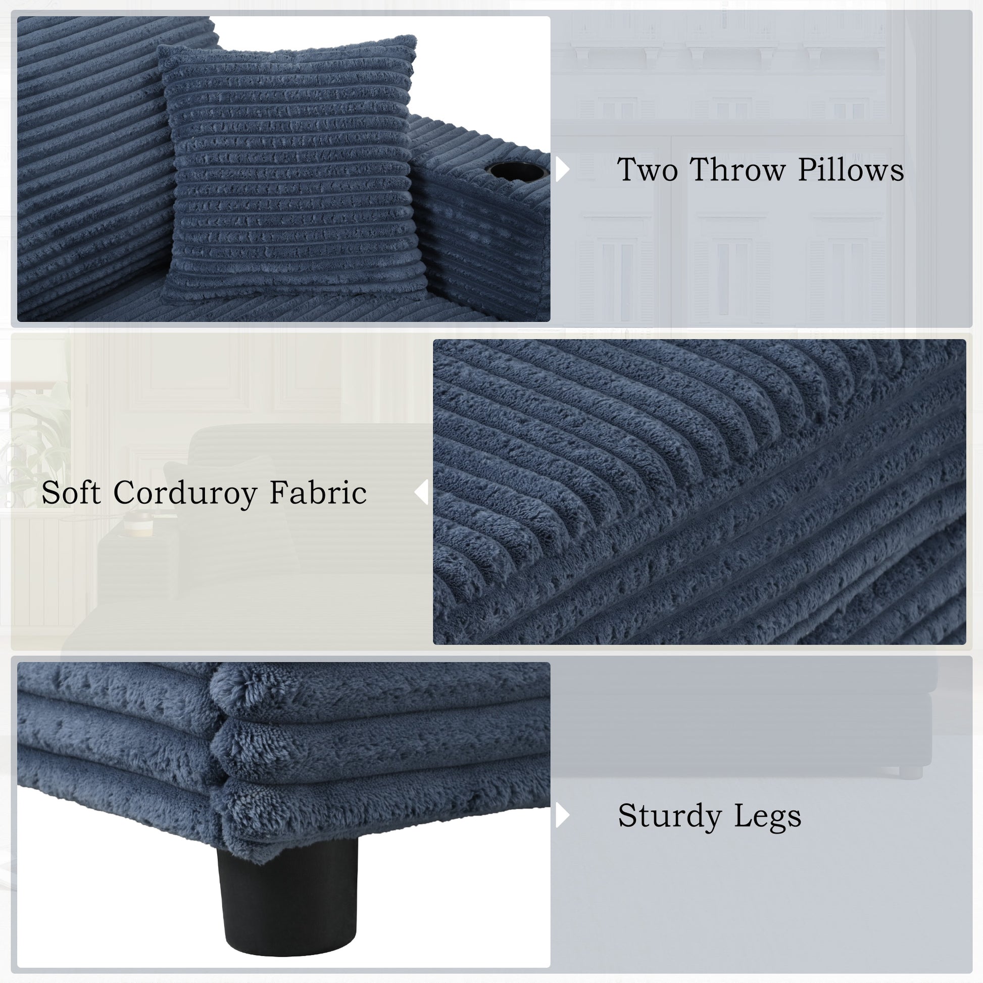 Navy blue corduroy throw pillows with textured ribbed design set of two