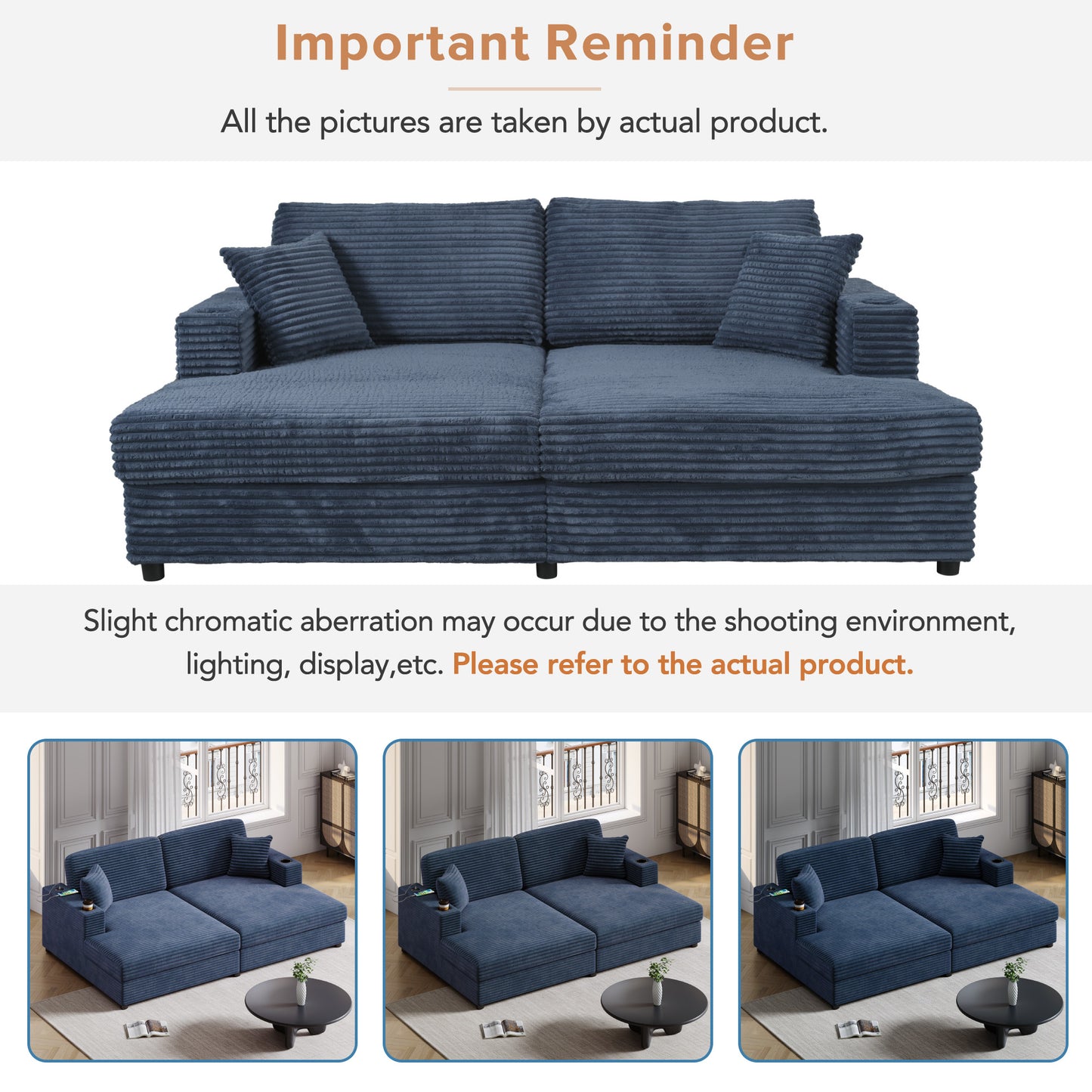Navy blue corduroy sectional sofa with chaise and two accent pillows