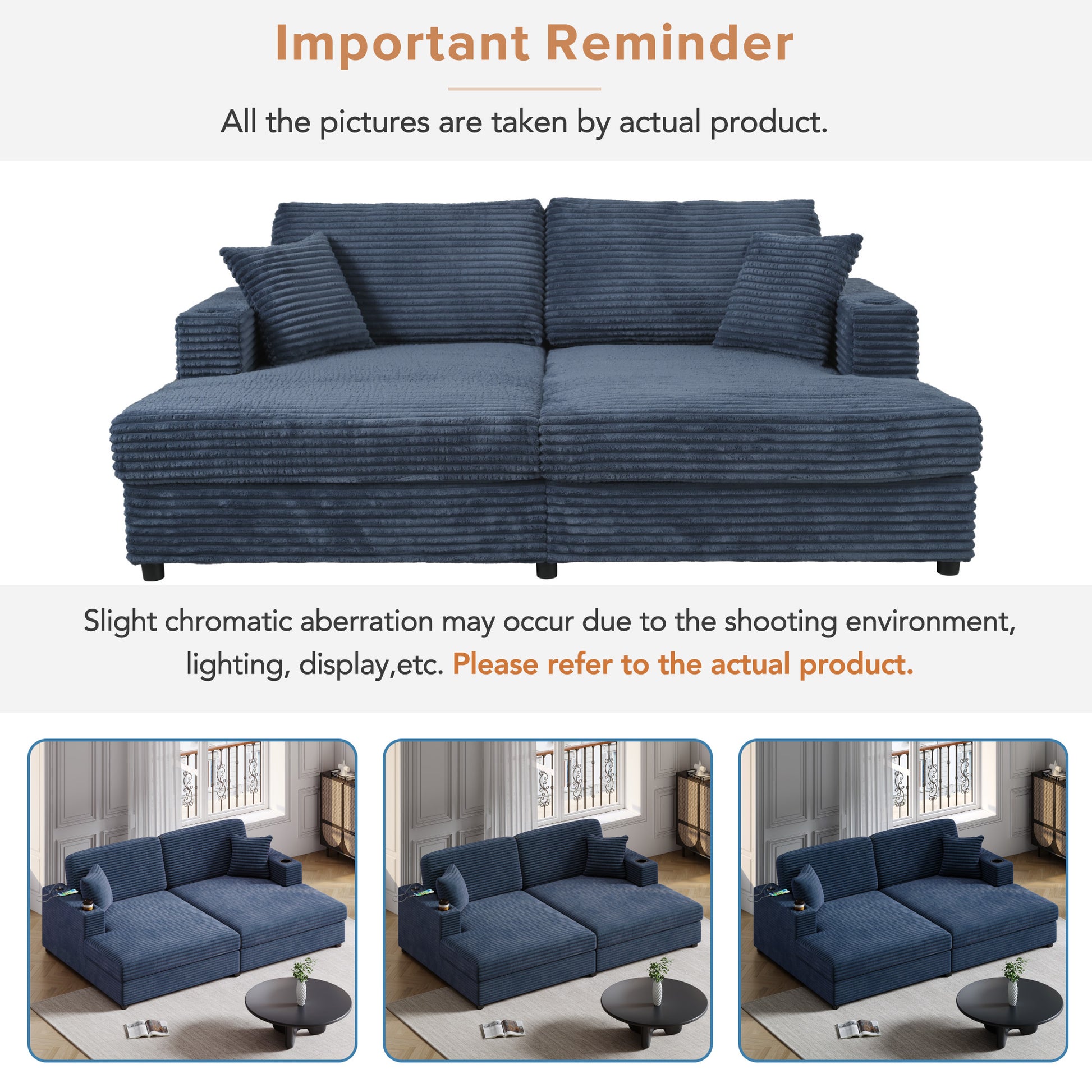 Navy blue corduroy sectional sofa with chaise and two accent pillows