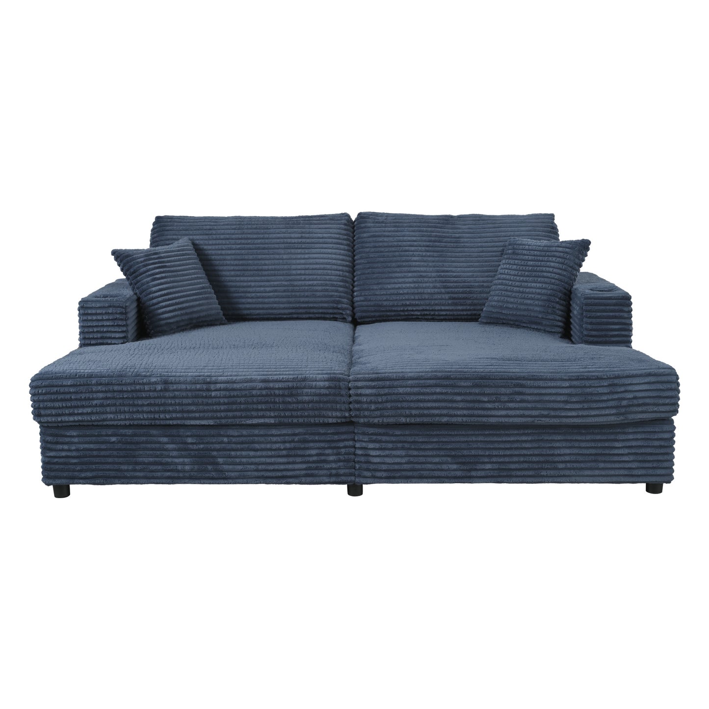 Deep blue corduroy sectional sofa with tufted cushions and matching throw pillows