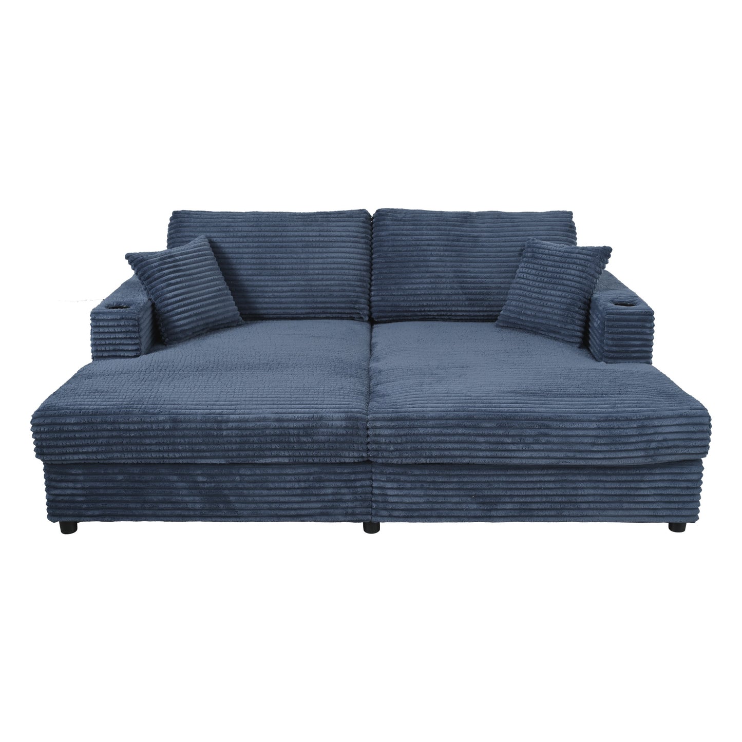 Navy corduroy sectional sofa with chaise lounge and throw pillows perfect for modern living rooms