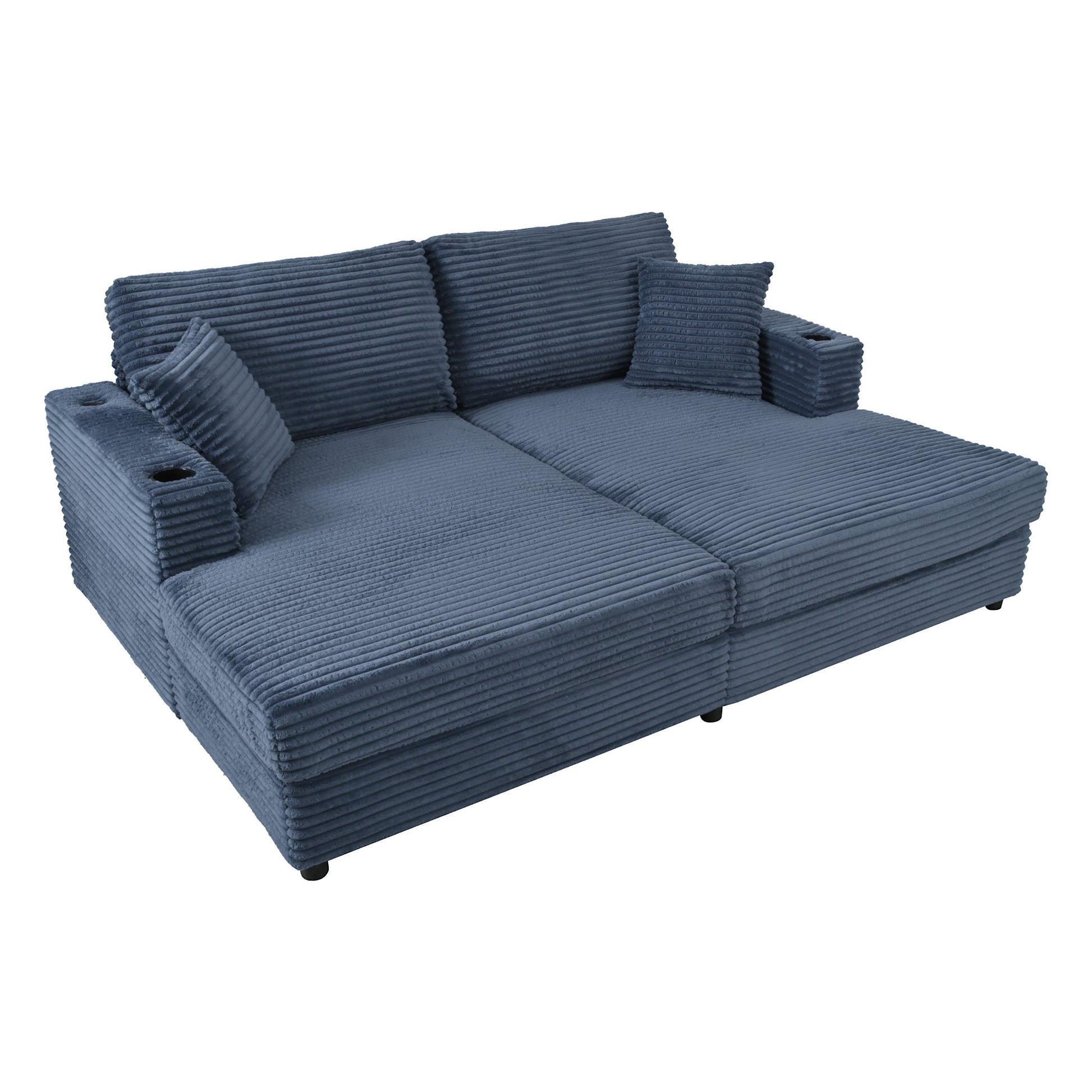 Blue corduroy sectional sofa with cup holders and recliner function