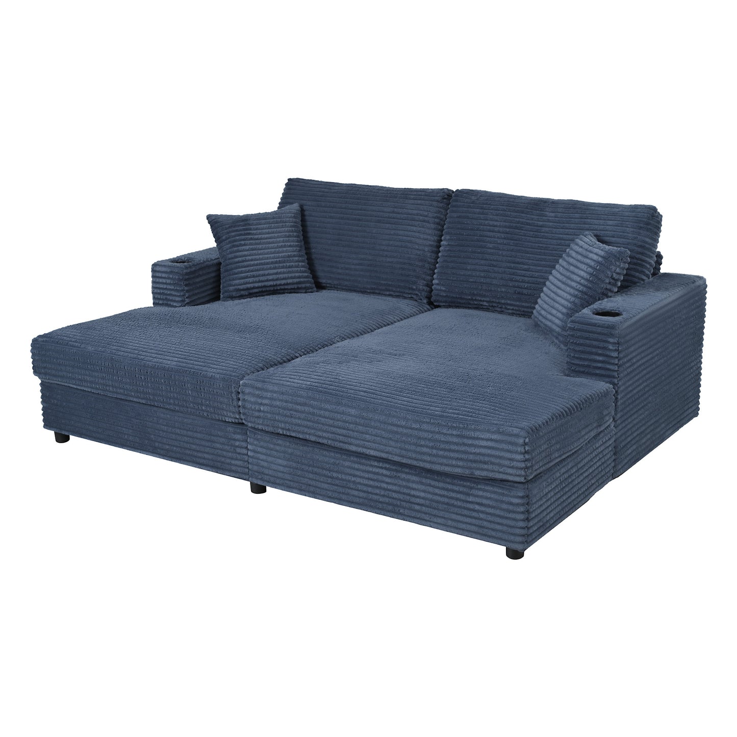 Navy blue corduroy sectional sofa with chaise and cup holders for a comfortable living room