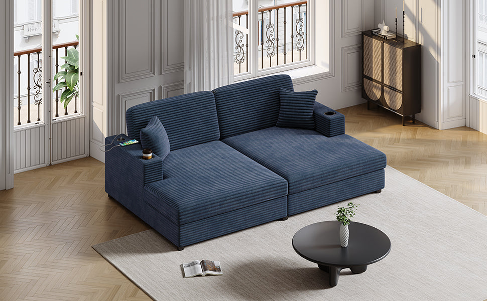 Navy blue corduroy sectional sofa with builtin USB chargers and cup holders