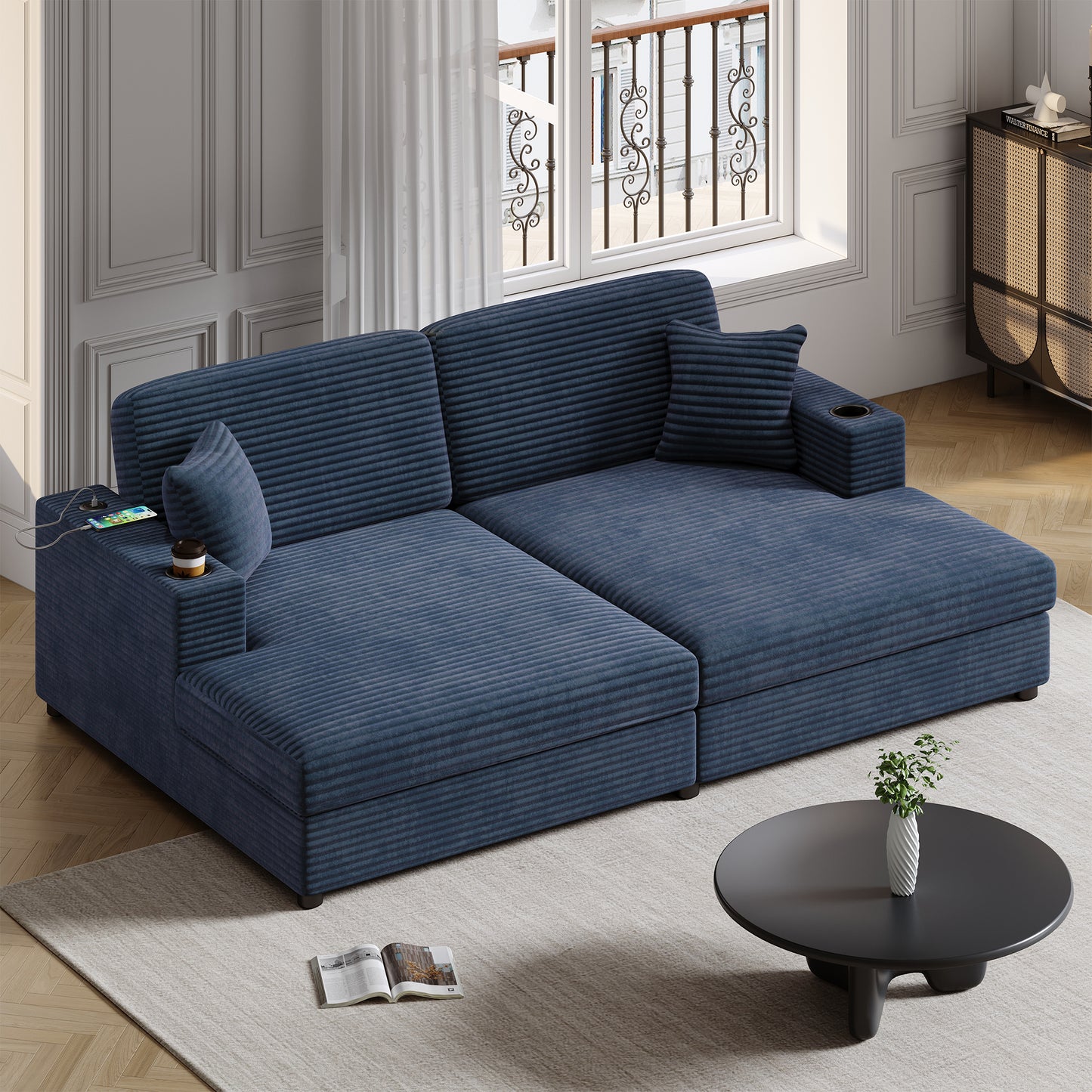 Navy blue corduroy sectional sofa with integrated USB charging and cup holders