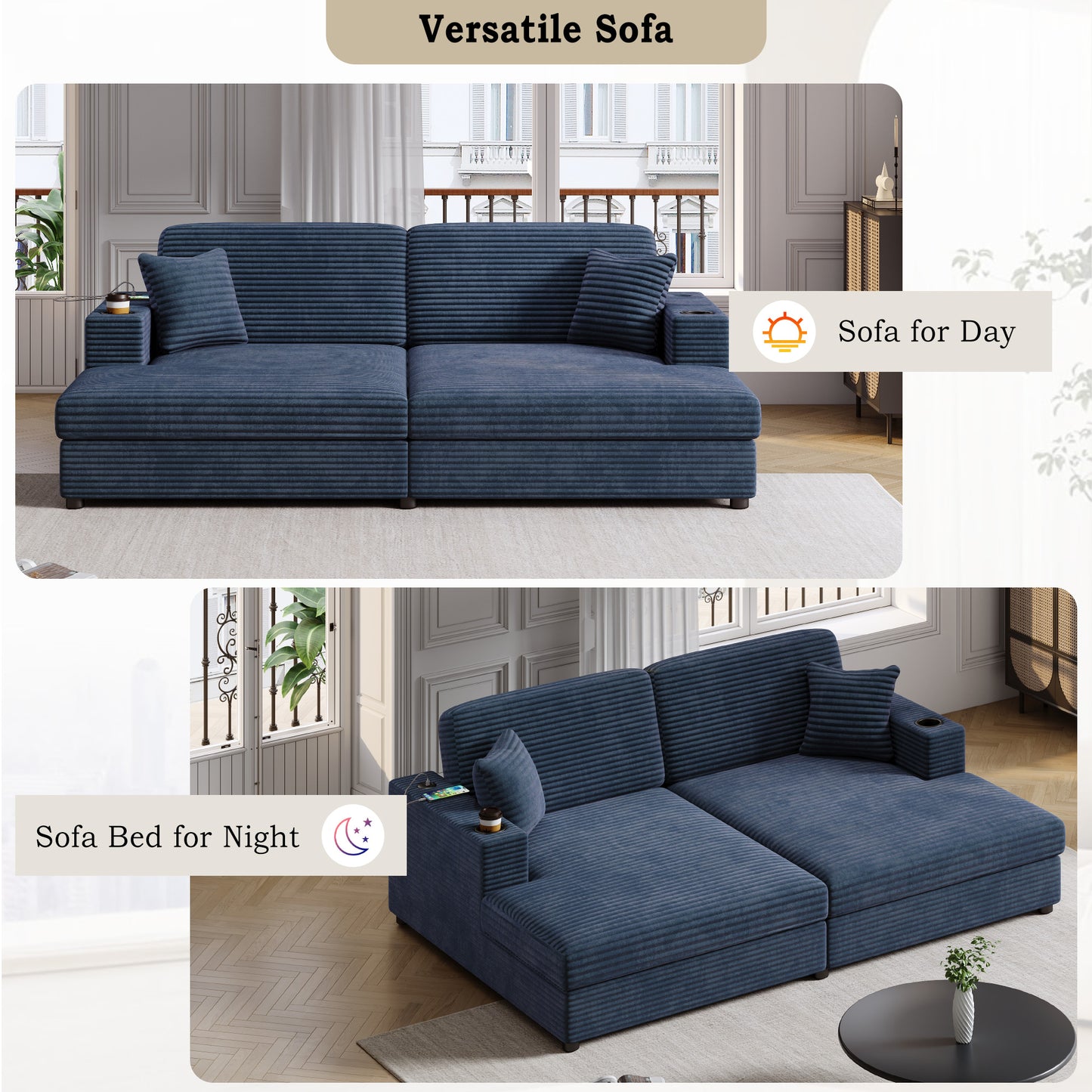 Navy corduroy sectional sofa with two throw pillows and builtin cup holders