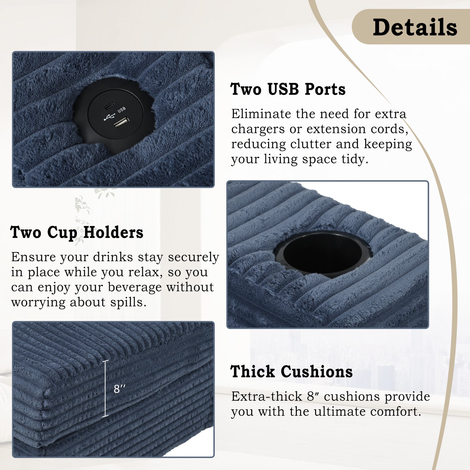 Navy blue corduroy ottoman with integrated USB charging ports for electronics