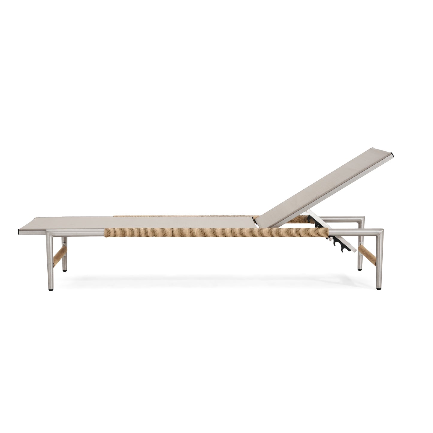 Modern aluminum chaise lounge with taupe fabric and rope accents