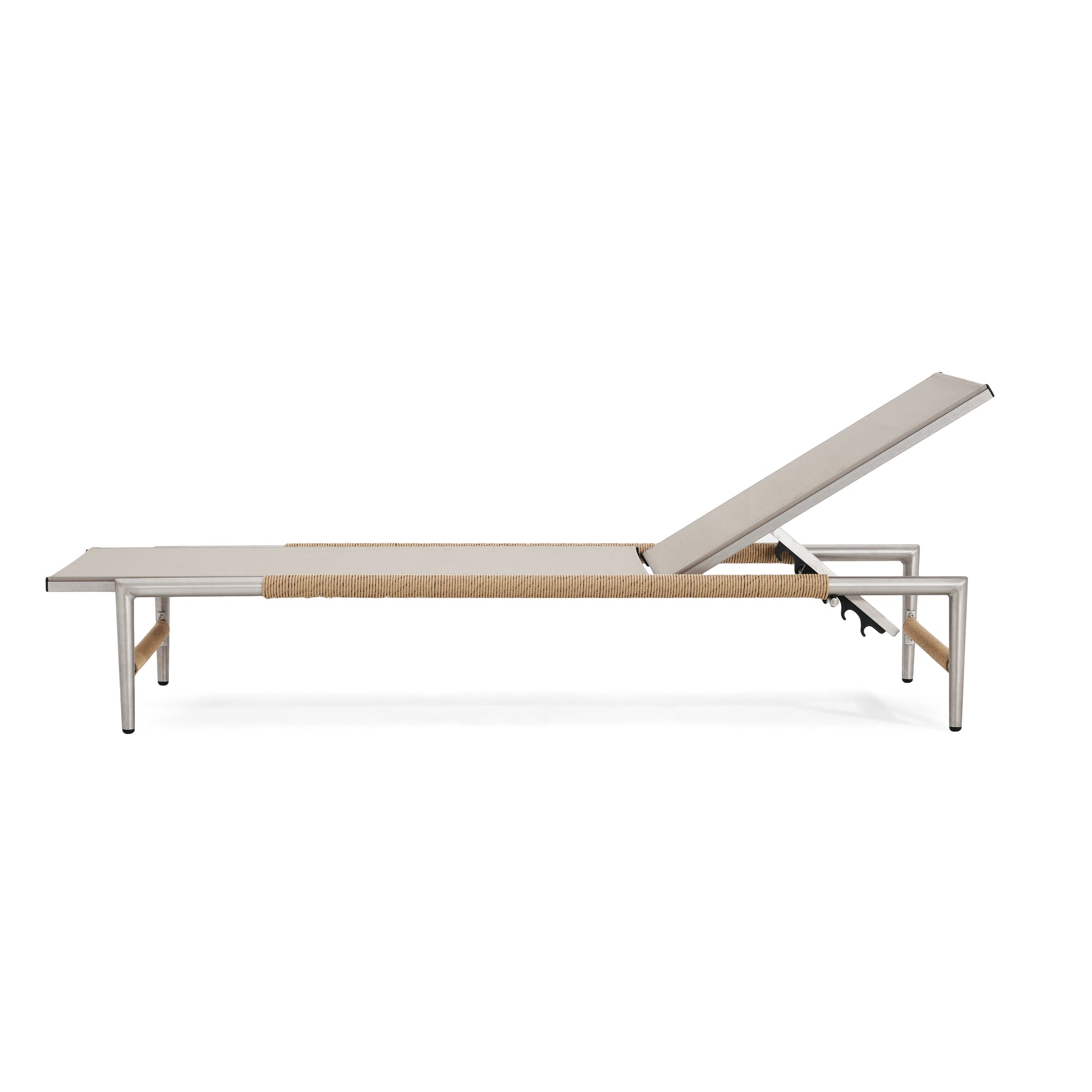 Modern aluminum chaise lounge with taupe fabric and rope accents