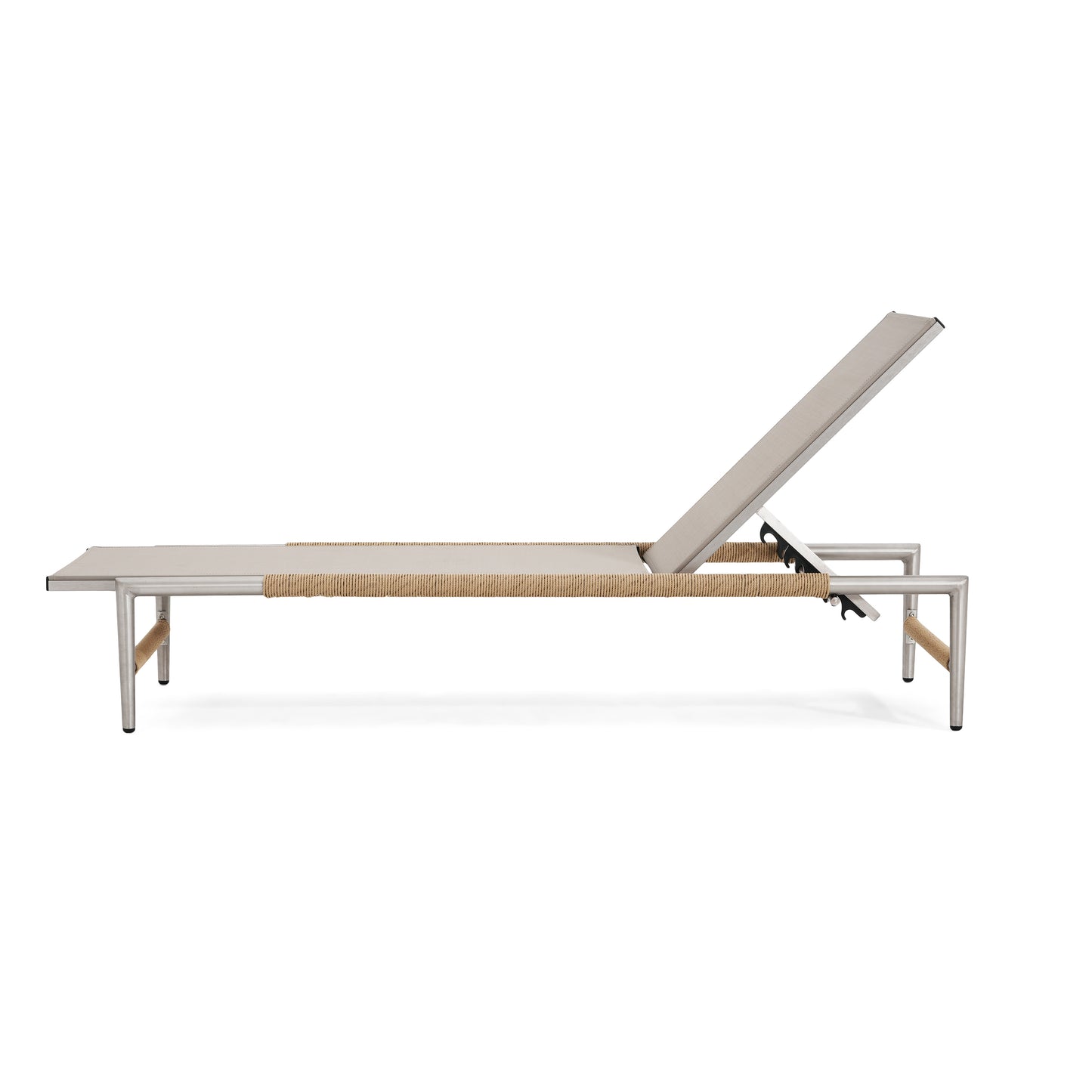 Modern outdoor chaise lounge with adjustable backrest and woven detail