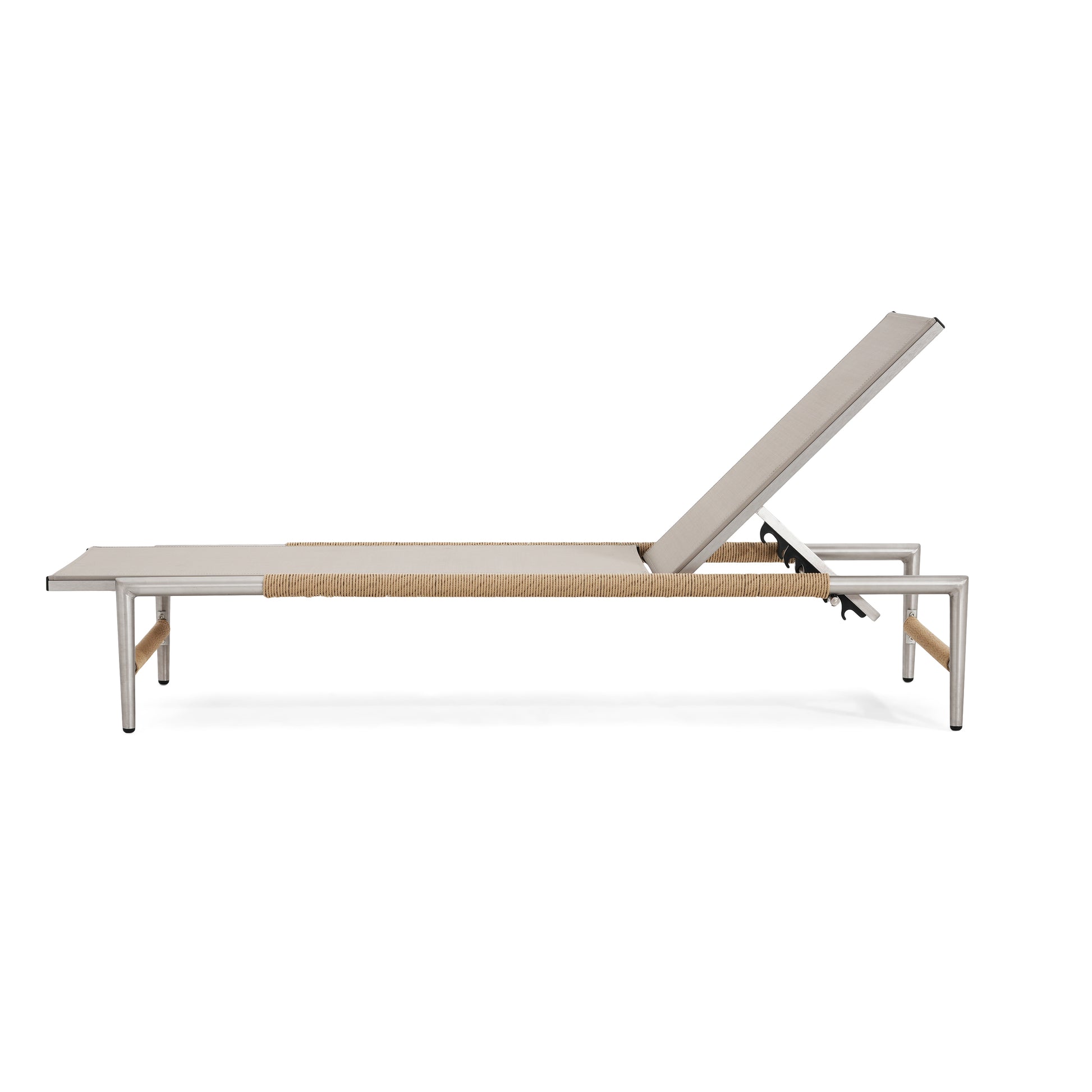 Modern outdoor chaise lounge with adjustable backrest and woven detail