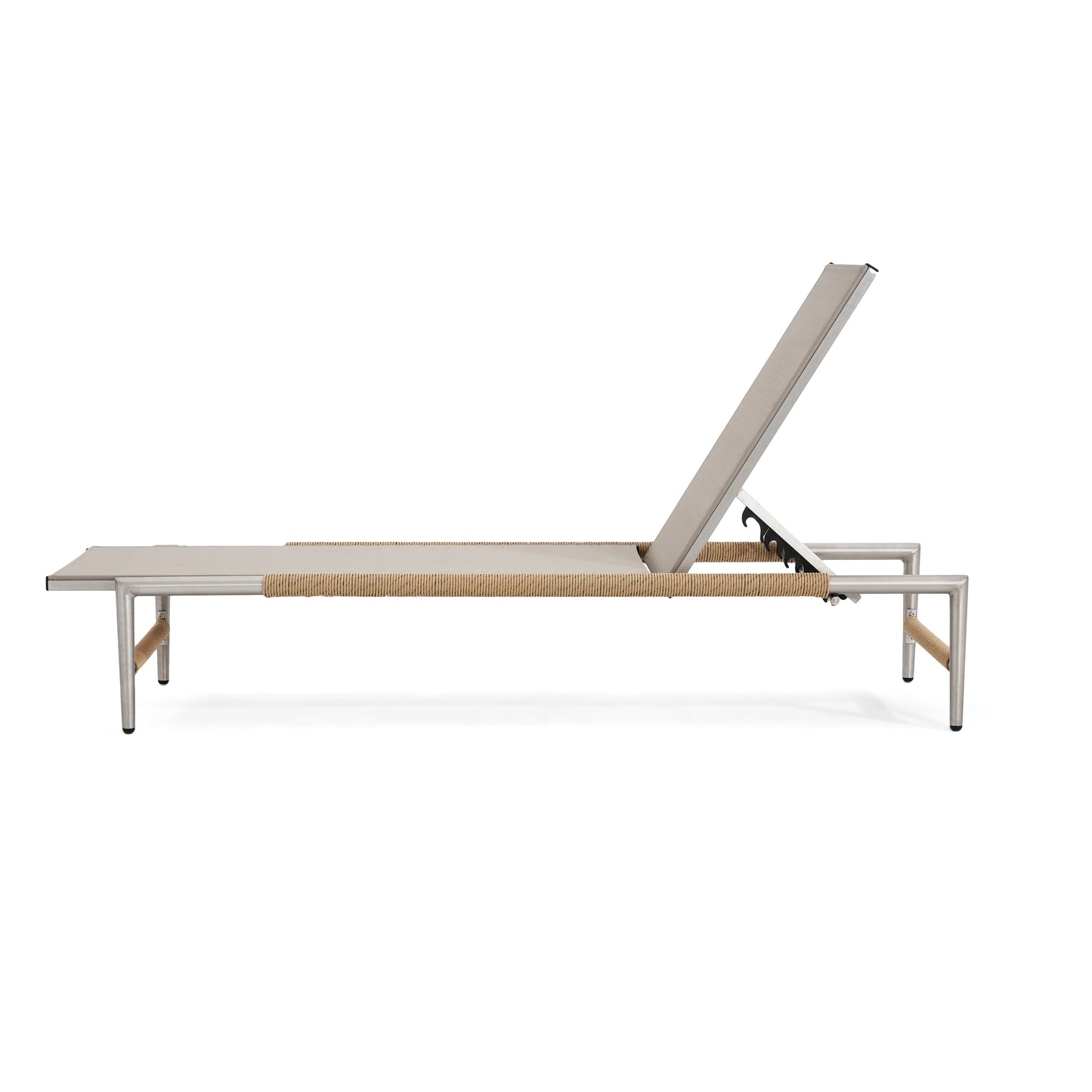 Adjustable gray outdoor chaise lounge with woven rope accents and brushed aluminum frame