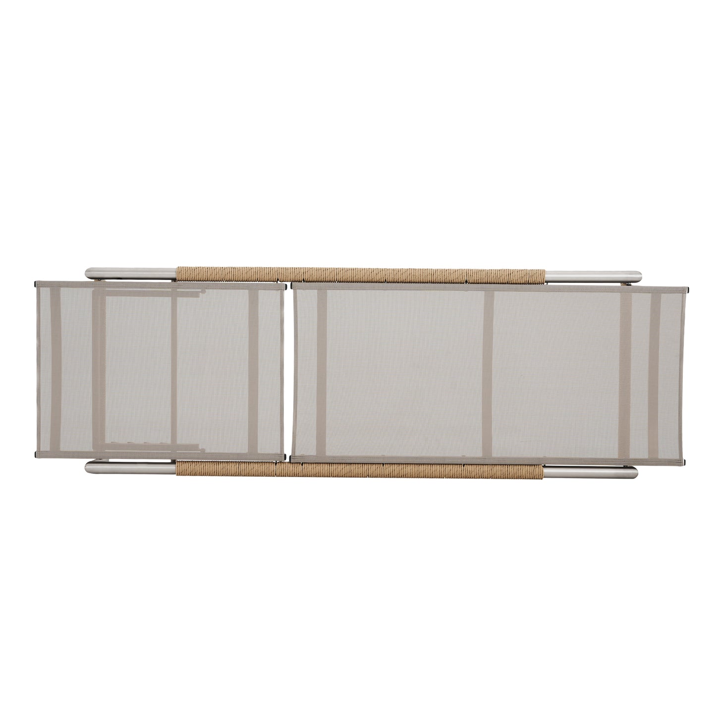 Taupe mesh outdoor privacy screen with silver metal frame and rope accents