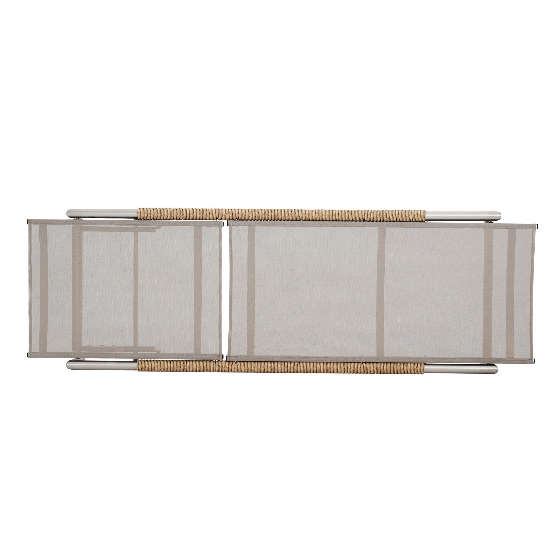 Taupe mesh outdoor privacy screen with silver metal frame and rope accents