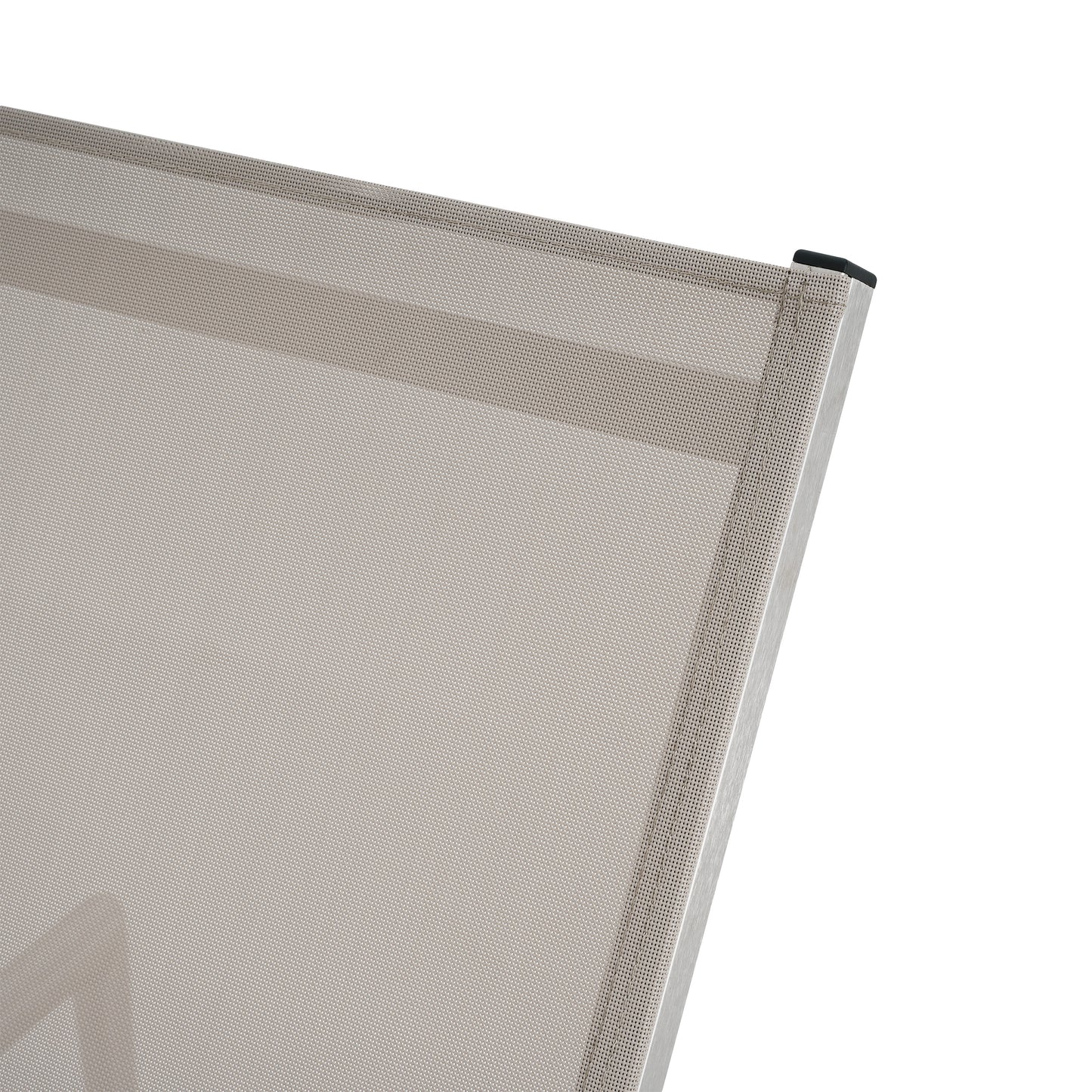 Closeup of a beige outdoor chair mesh fabric with silver aluminum frame and black corner cap