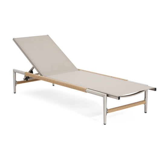 Modern beige outdoor chaise lounge with rope accents and silver frame