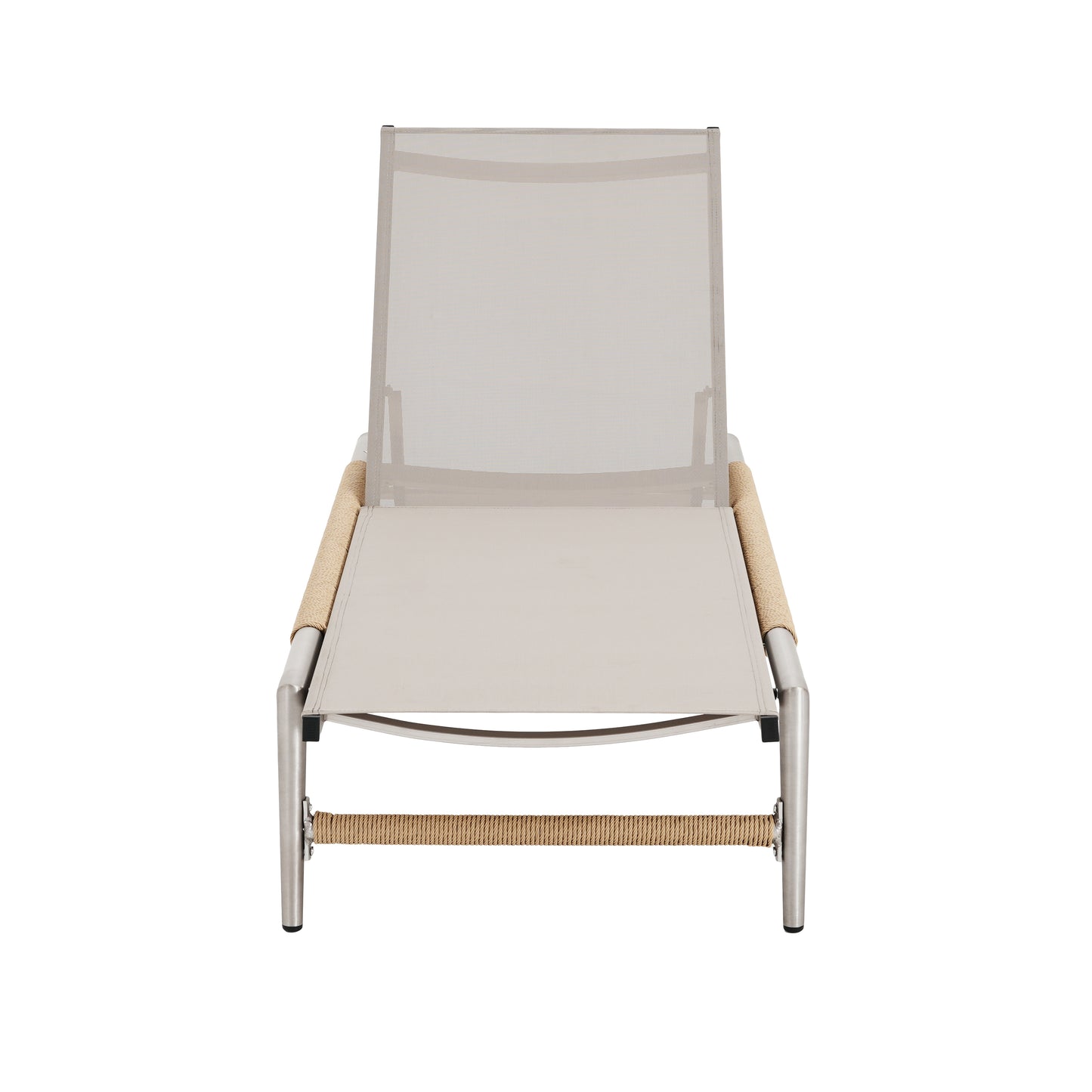 Modern grey chaise lounge with woven armrests perfect for outdoor relaxation