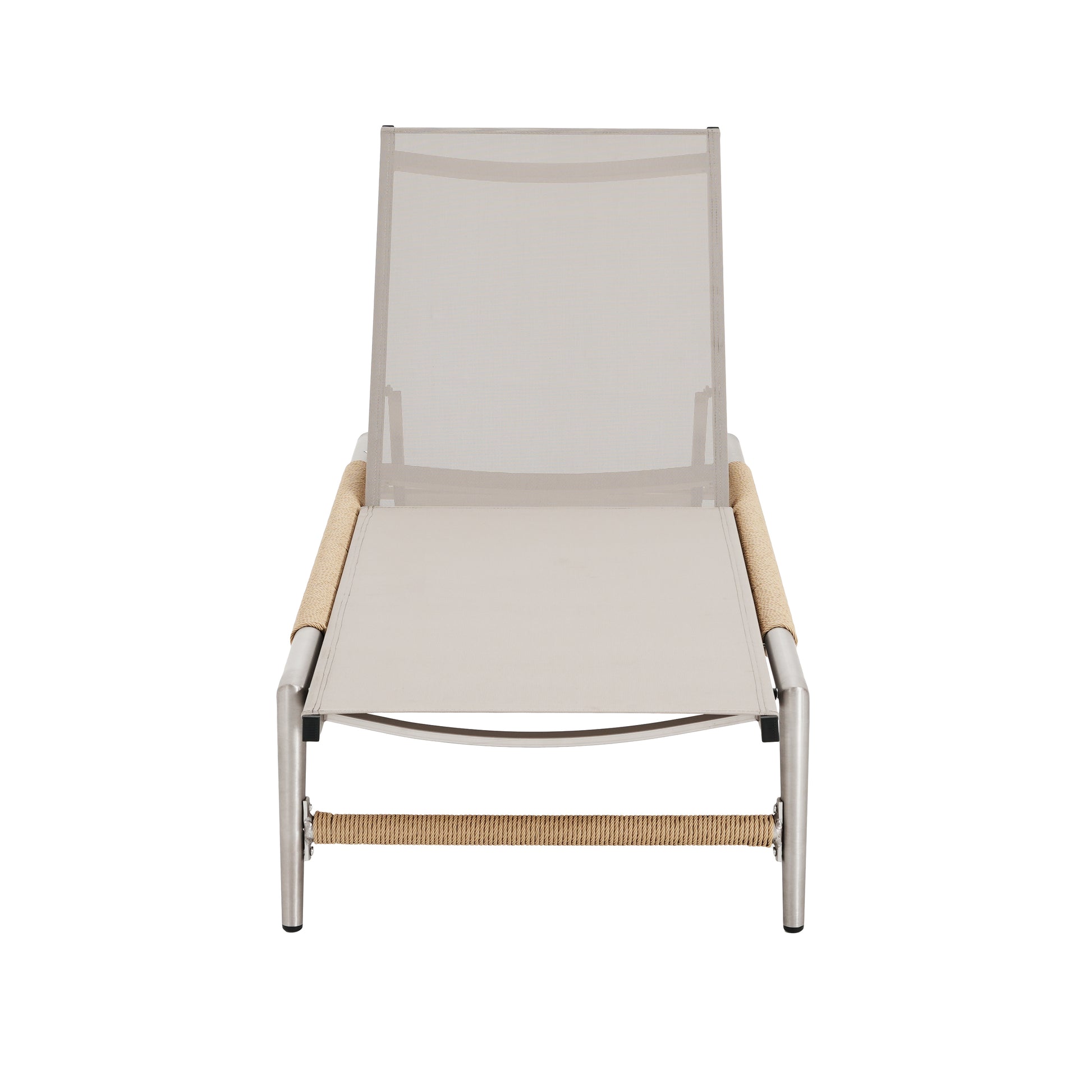 Modern grey chaise lounge with woven armrests perfect for outdoor relaxation