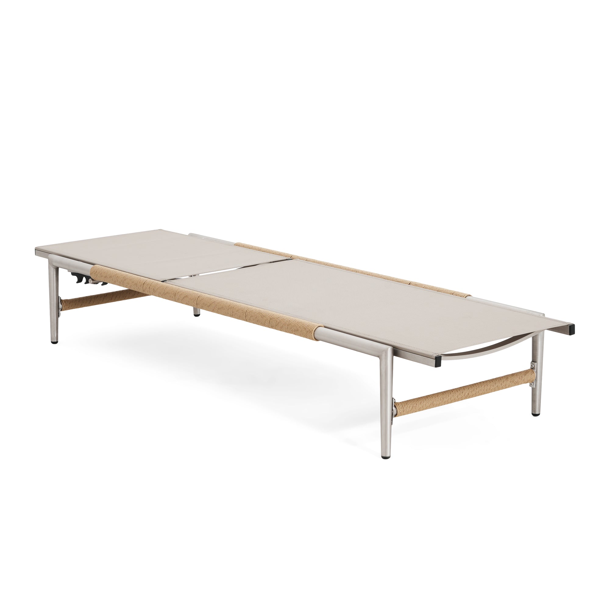 Modern grey fabric chaise lounge with brushed metal frame and natural rope accents for outdoor relaxation