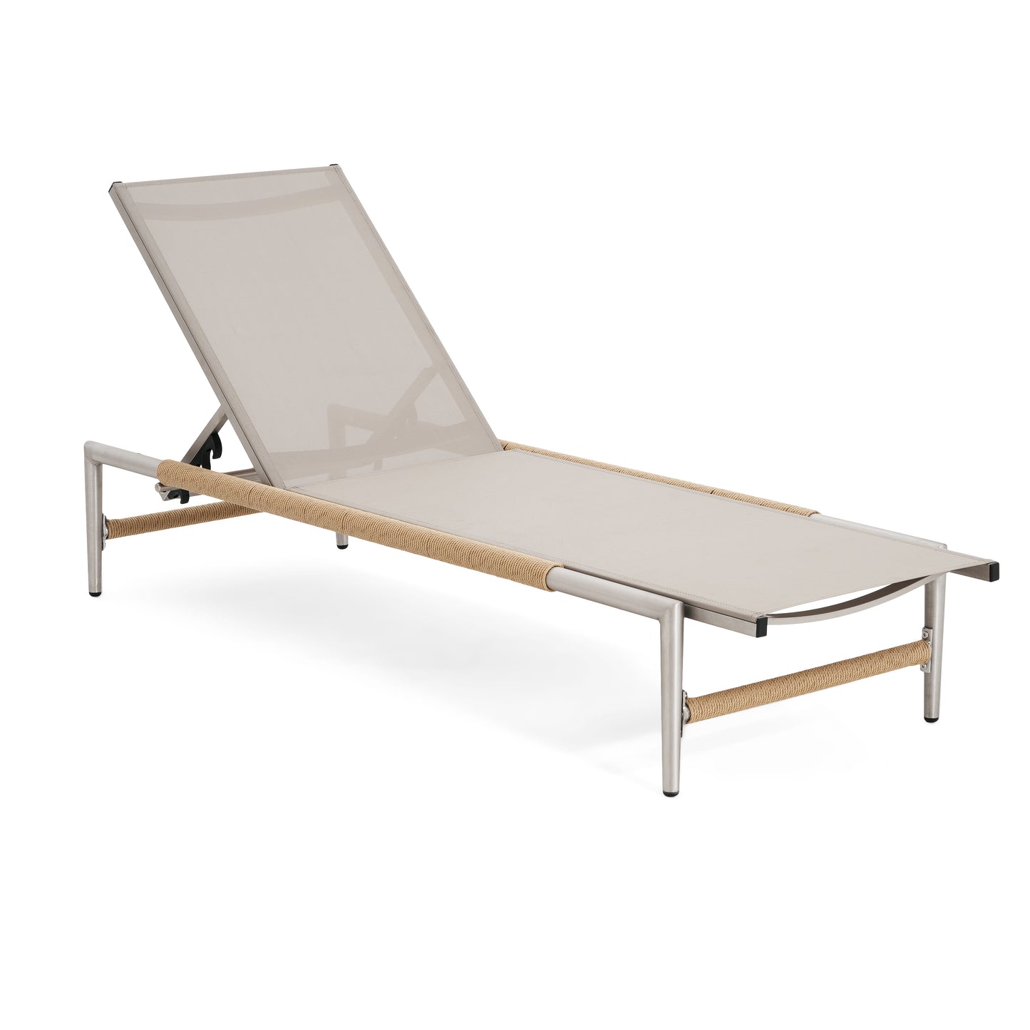 Modern taupe outdoor chaise lounge with adjustable back and rope accents perfect for poolside relaxation