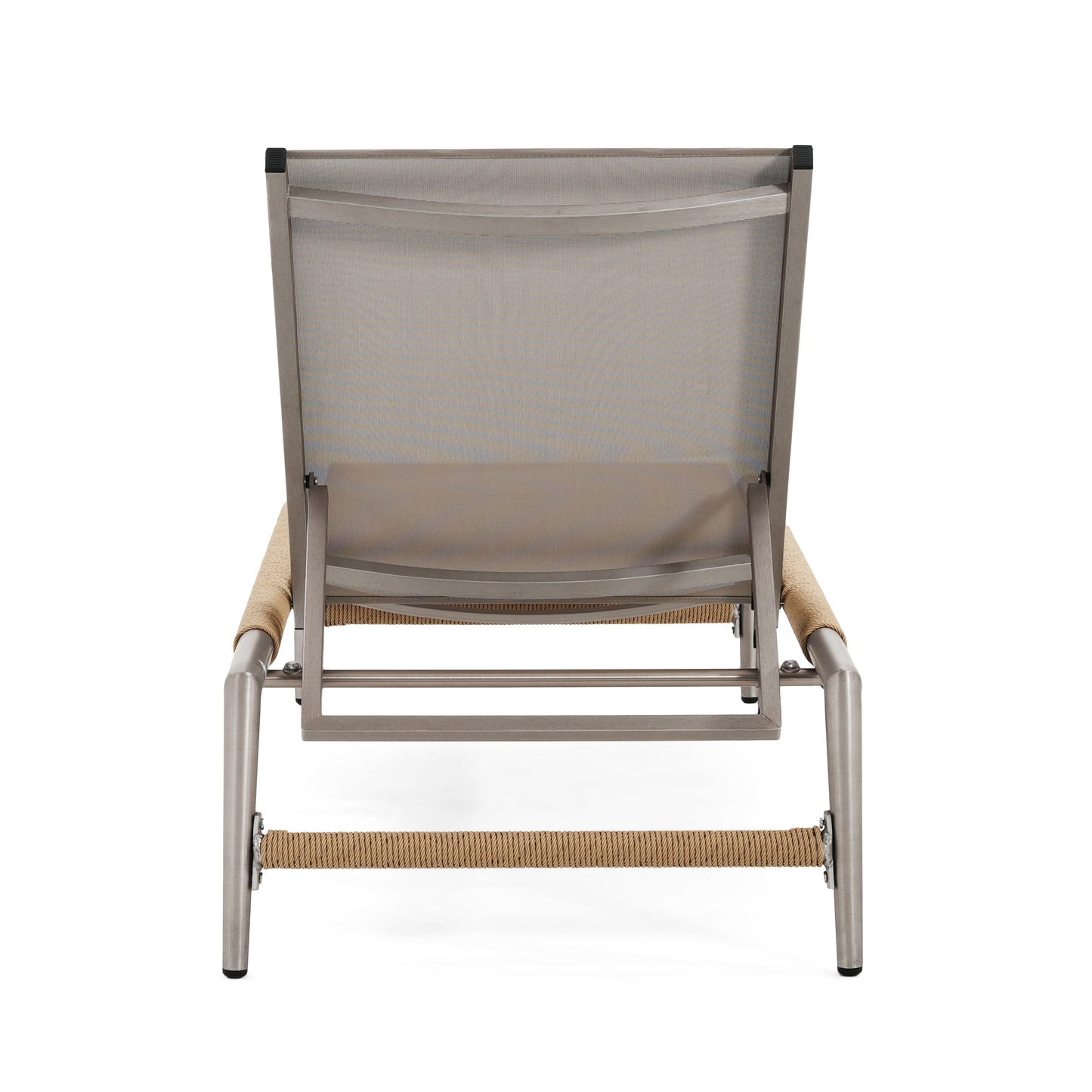 Silver aluminum outdoor chaise lounge with woven rope arms and taupe mesh seat