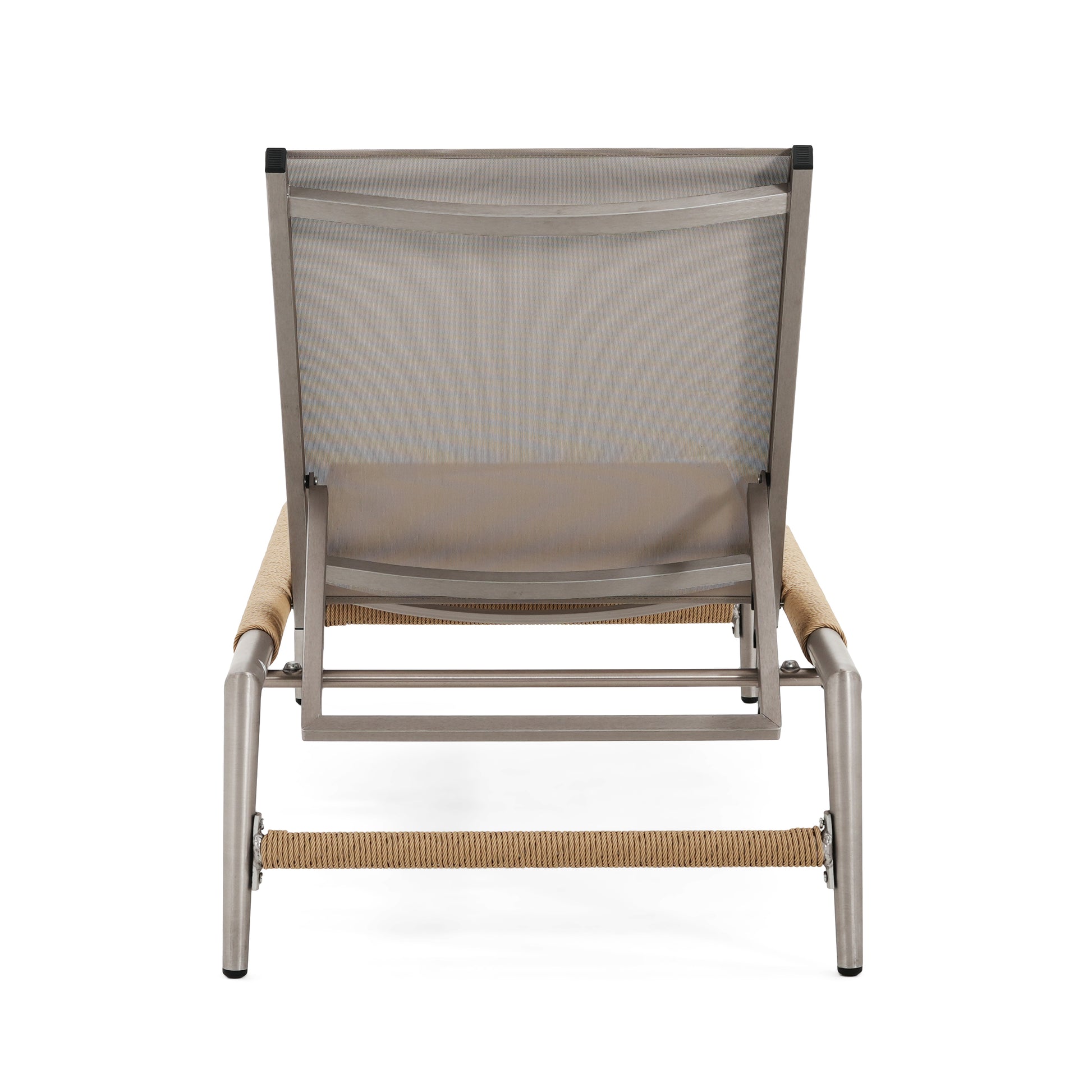 Silver aluminum outdoor chaise lounge with woven rope arms and taupe mesh seat