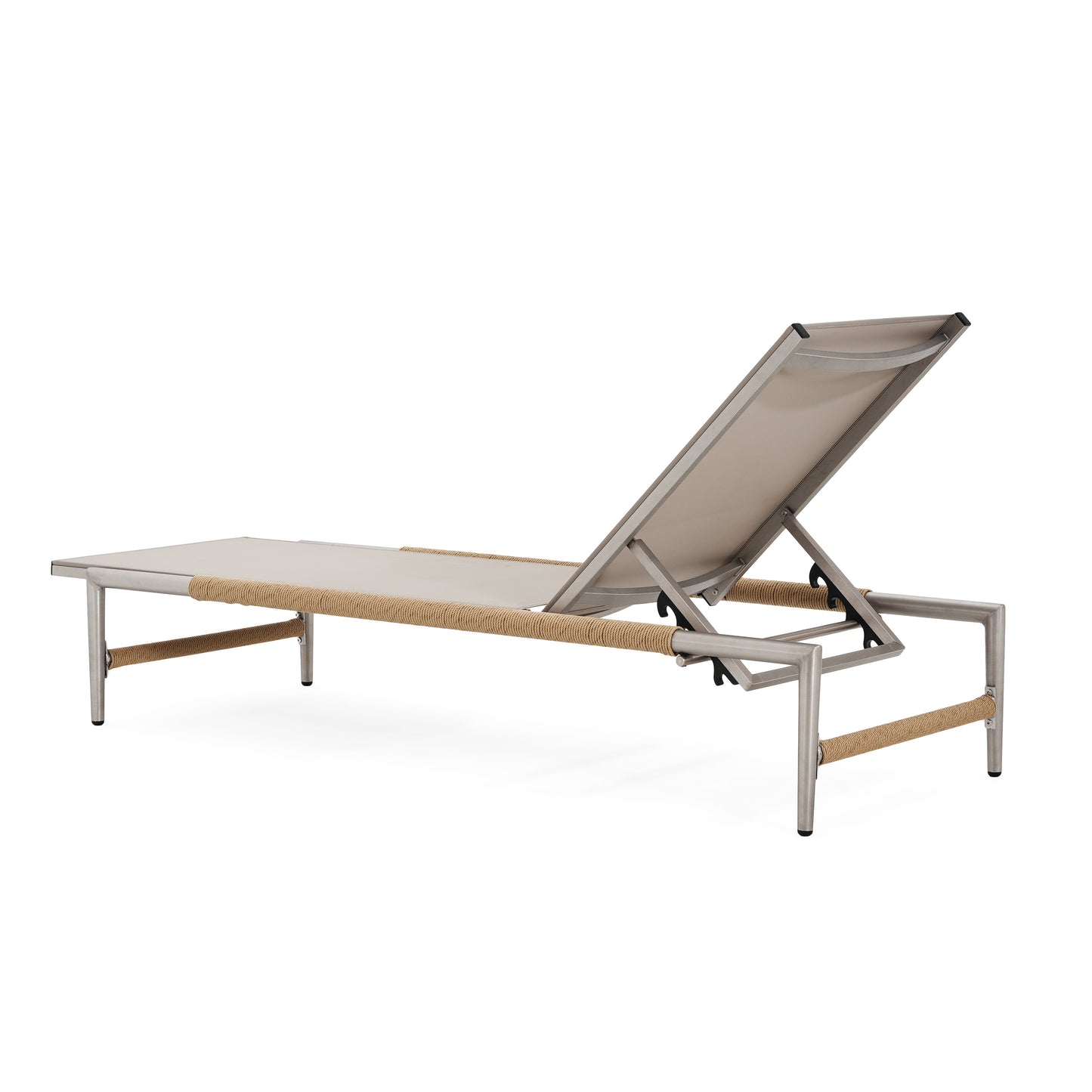 Modern beige chaise lounge chair with aluminum frame and rope accents
