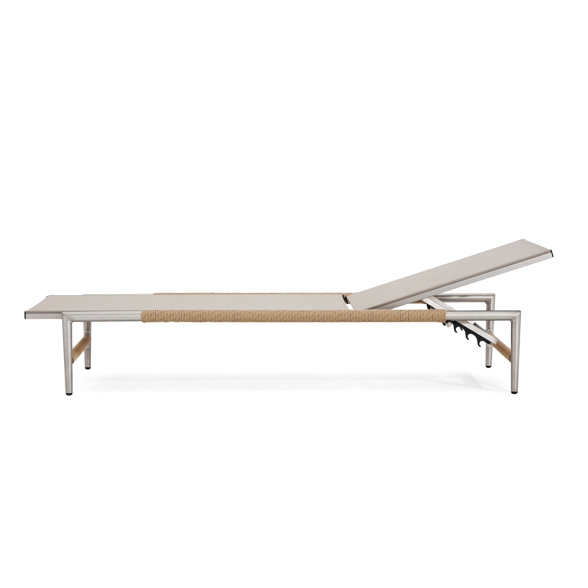 Modern grey chaise lounge with natural rope accents and aluminum frame