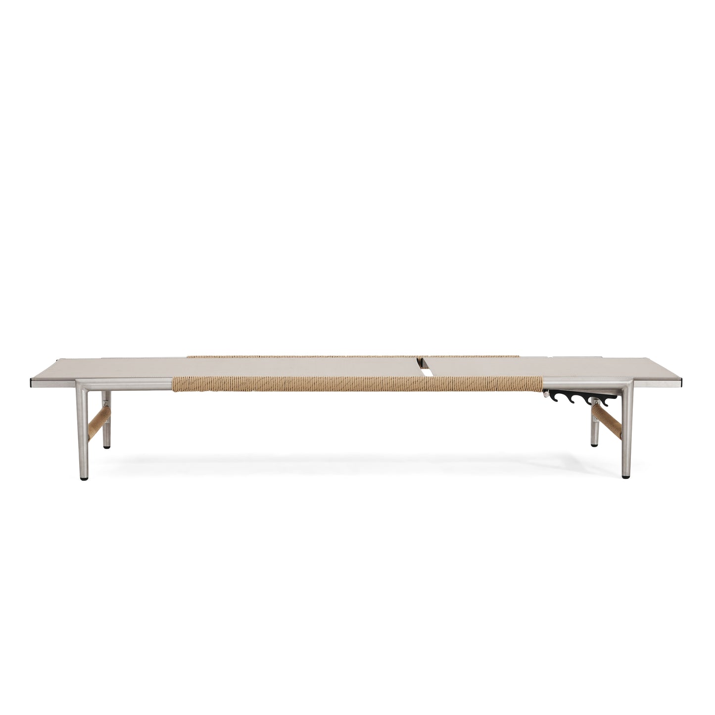 Modern beige outdoor chaise lounge with woven rope accents and brushed aluminum frame