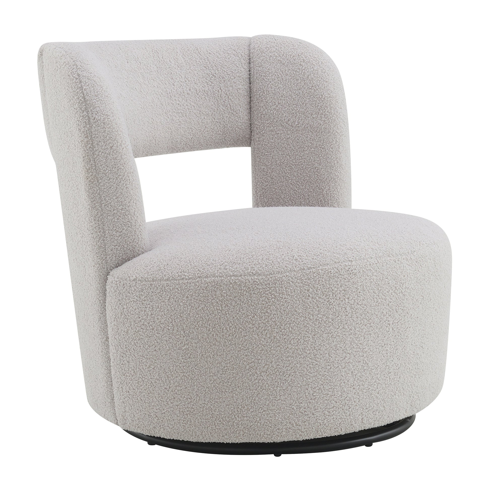 Plush teddy fabric accent chair in cream featuring a swivel base and rounded arms for modern comfort