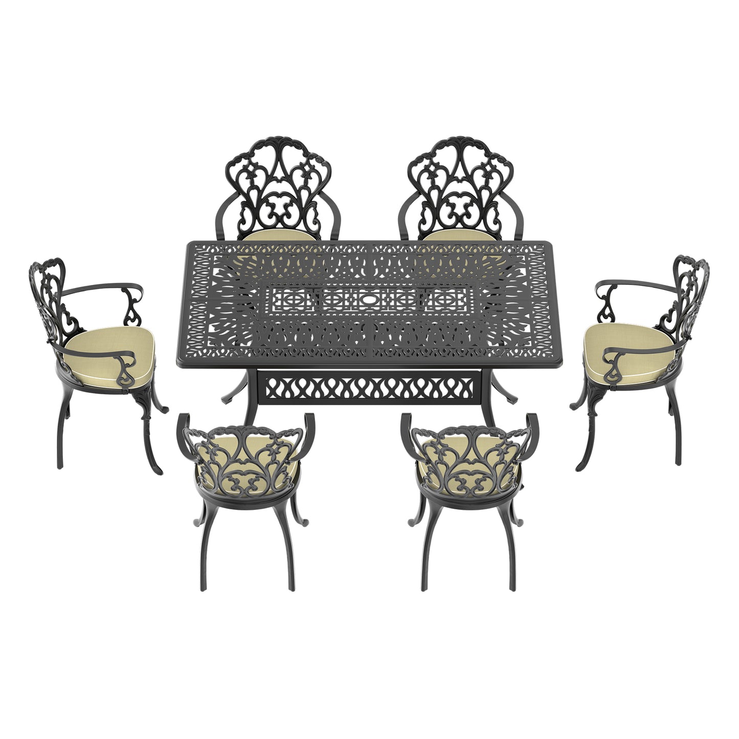 Ornate black cast iron dining set with plush beige cushions for outdoor patio use