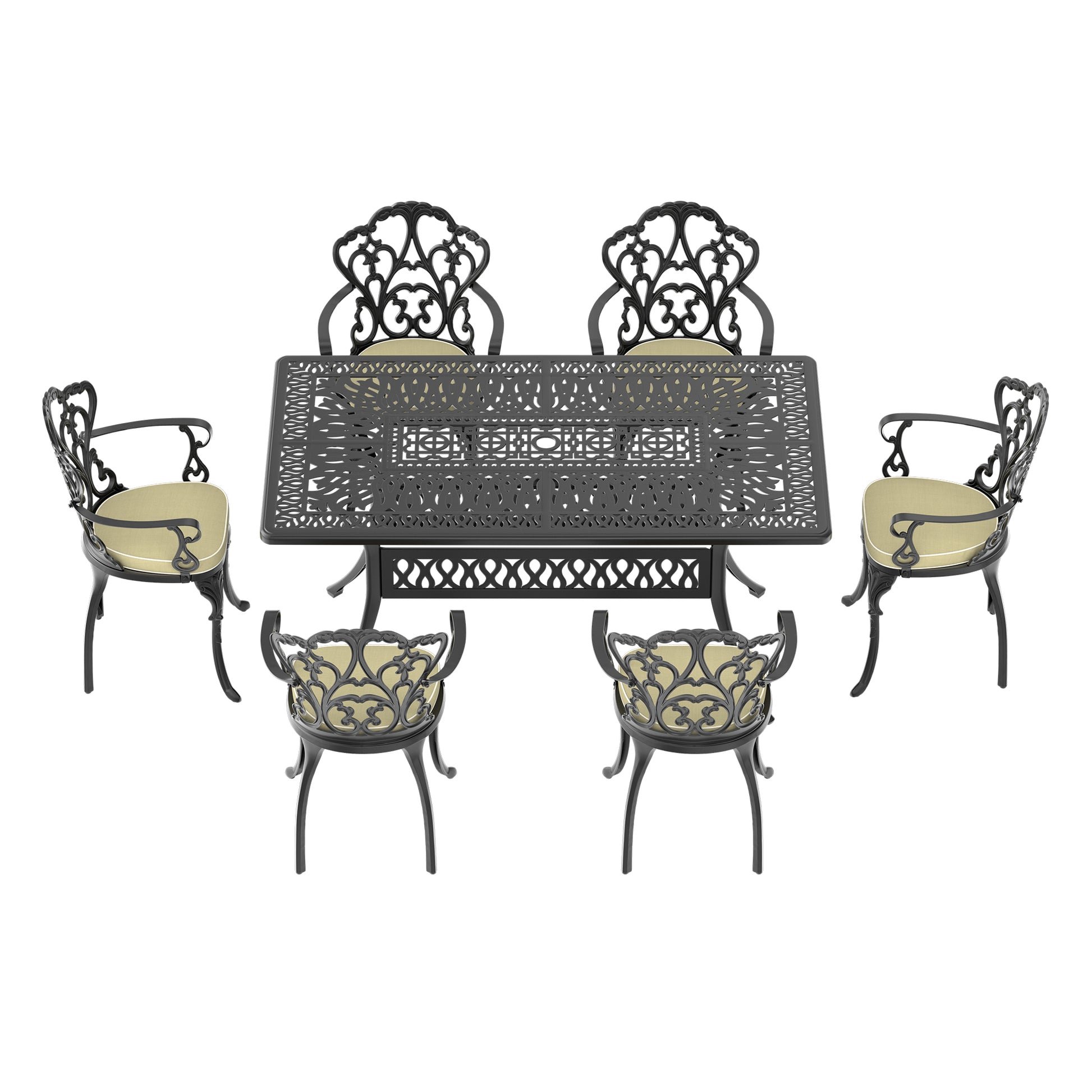 Ornate black cast iron dining set with plush beige cushions for outdoor patio use