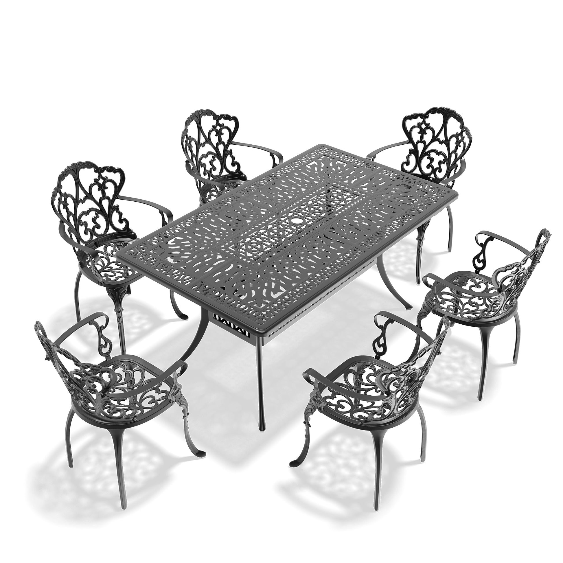 Ornate black cast iron dining set with six chairs and a rectangular table