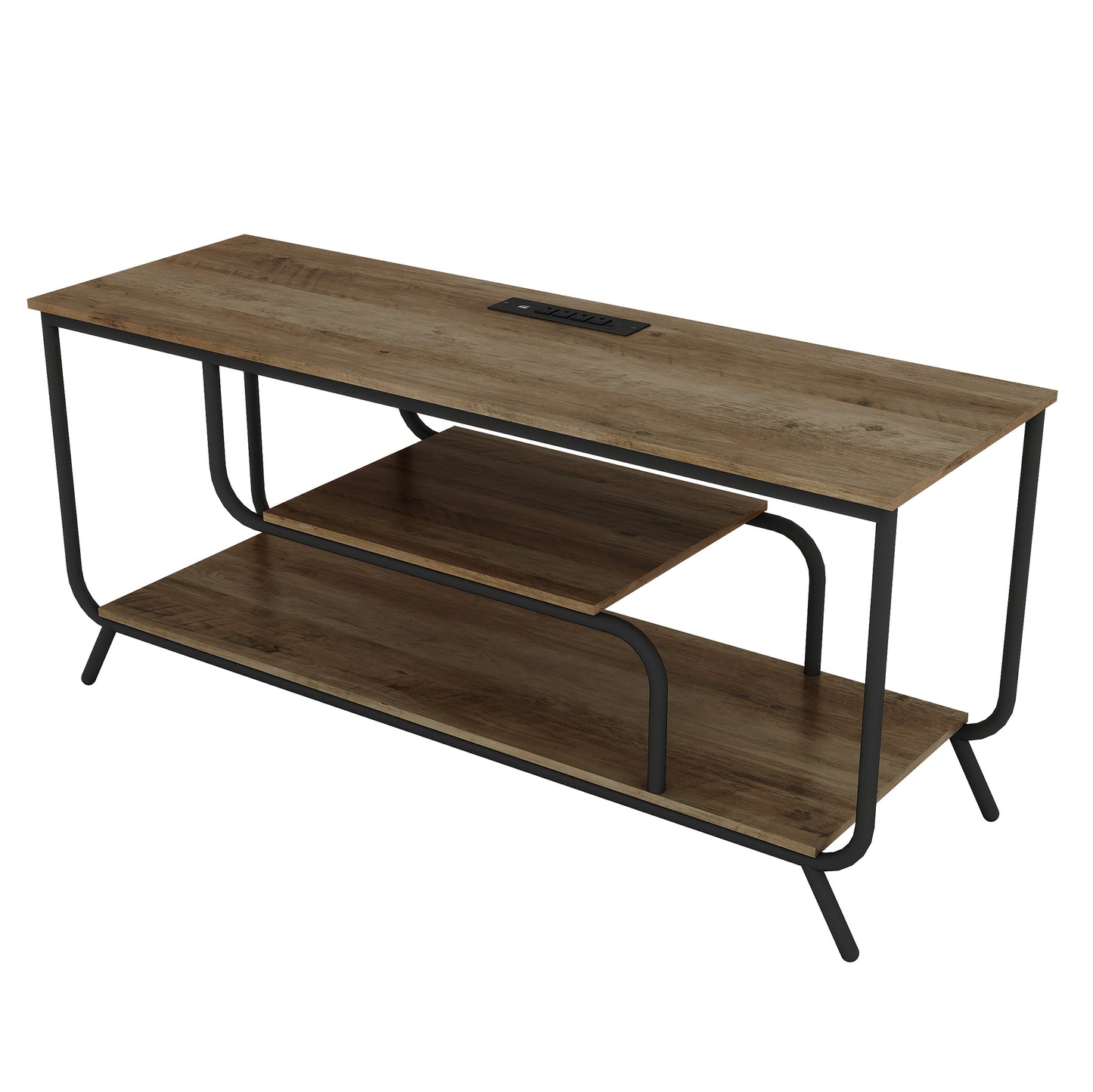 Modern twotier media console with rustic wood finish and black metal frame
