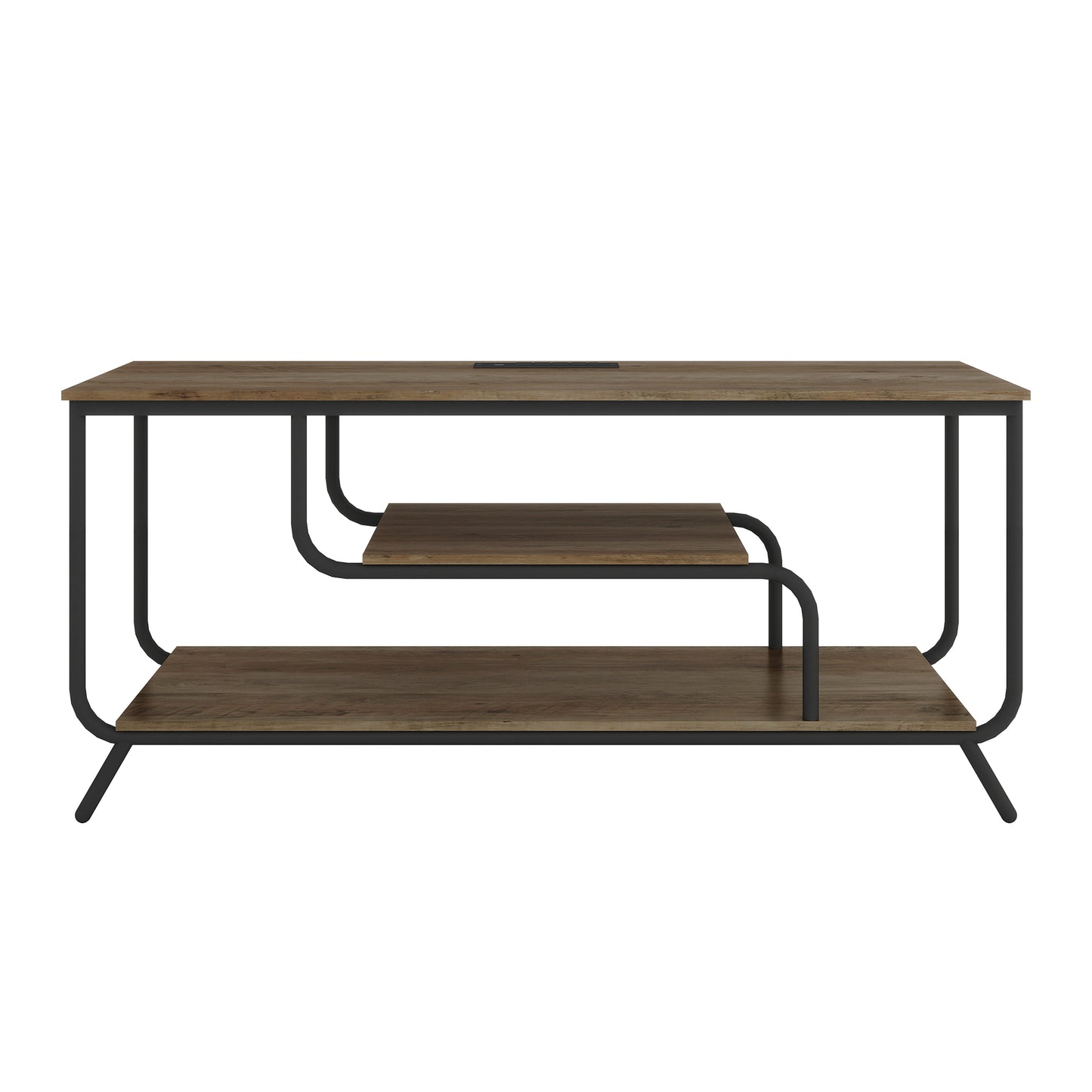 Rustic wood and black metal console table with open shelving