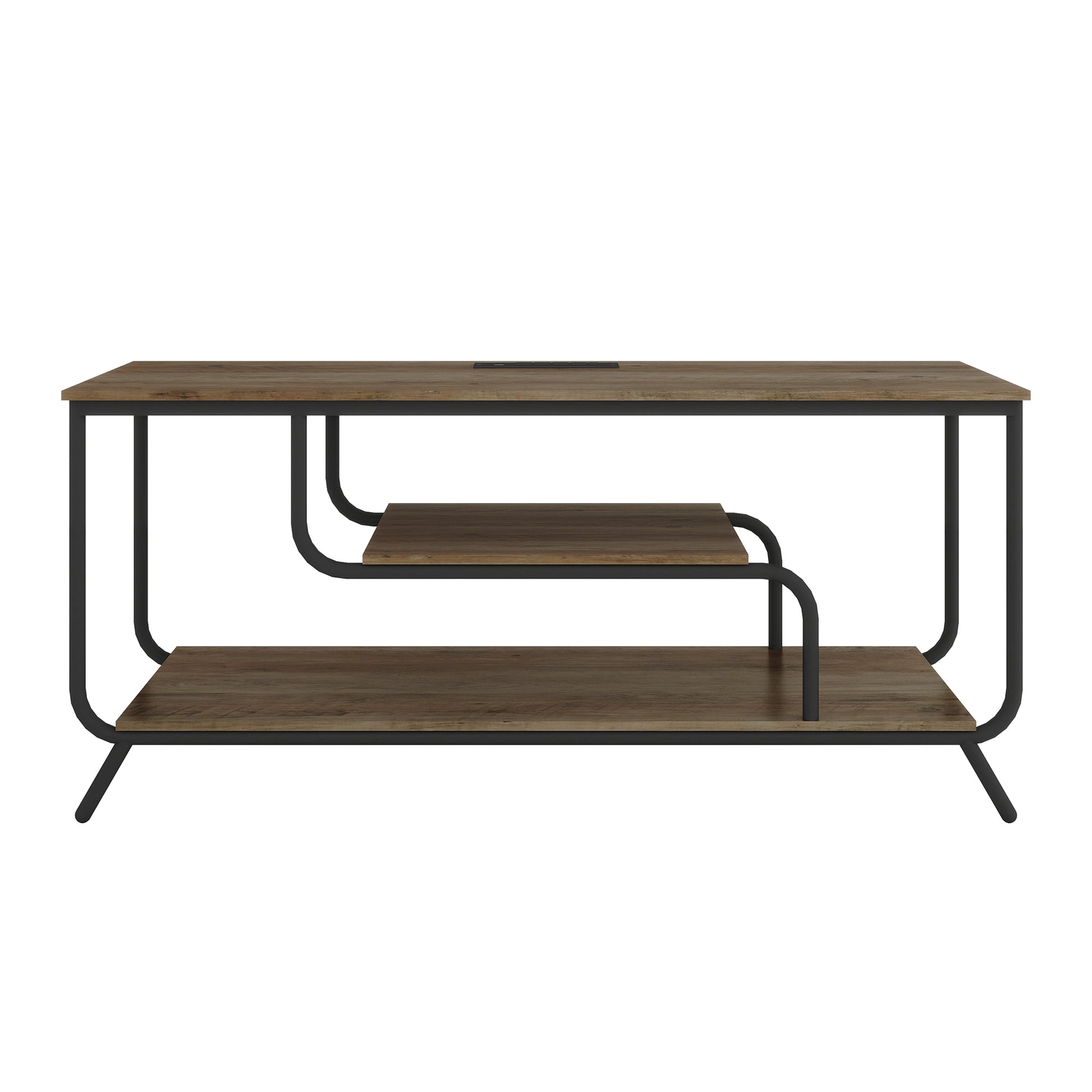 Rustic wood and black metal console table with open shelving