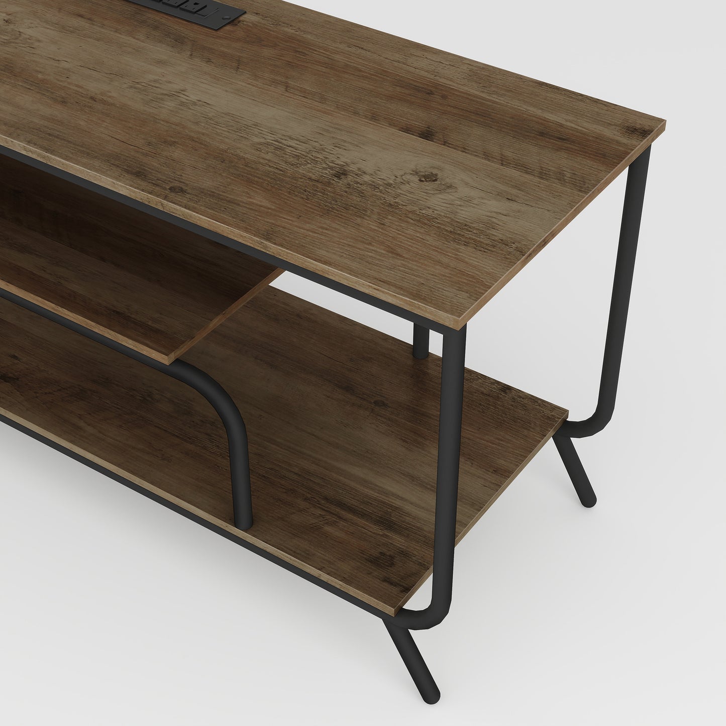 Rustic wood media console with black metal frame and two open shelves