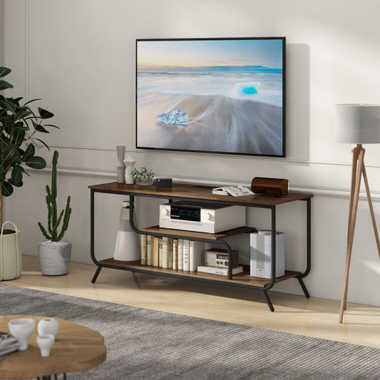 Modern media console with walnut finish and black metal frame holding audio equipment
