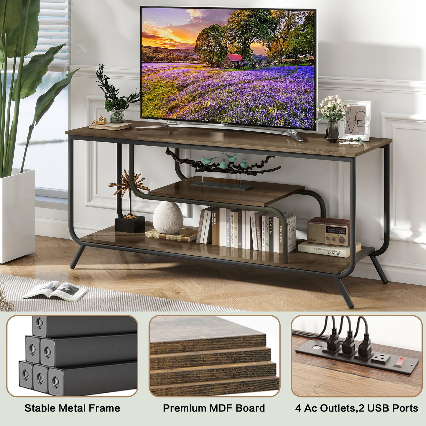 Rustic wood tv stand with black metal frame and two open shelves holding decor and books