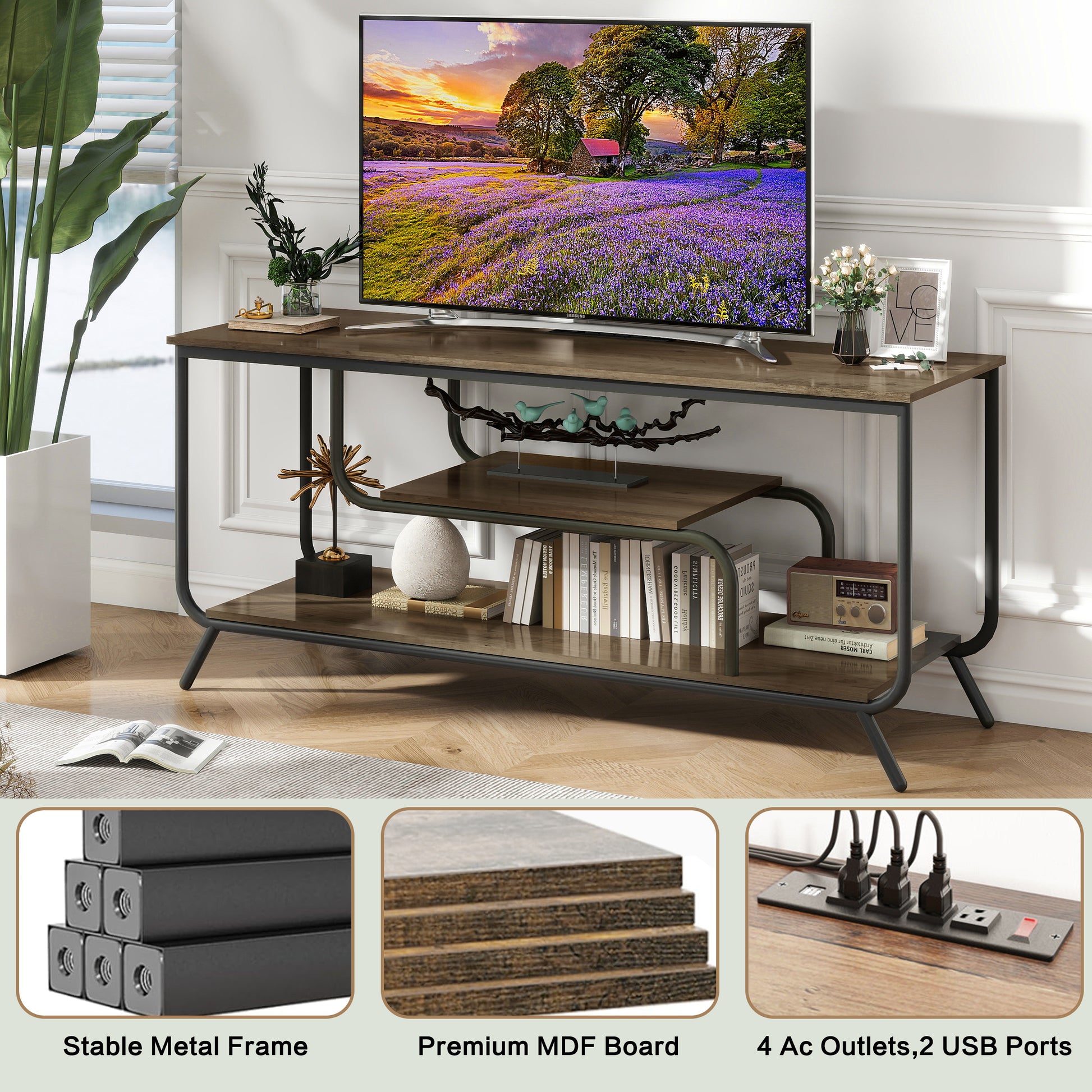 Rustic wood tv stand with black metal frame and two open shelves holding decor and books