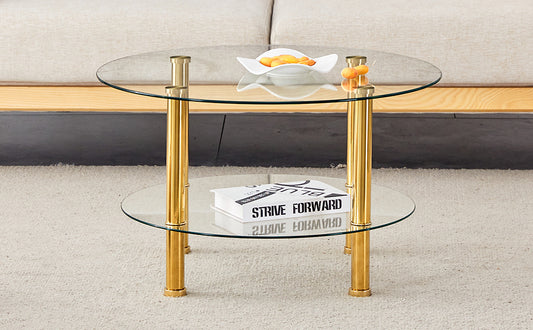 Round glass coffee table with gold accents and two tiers modern design