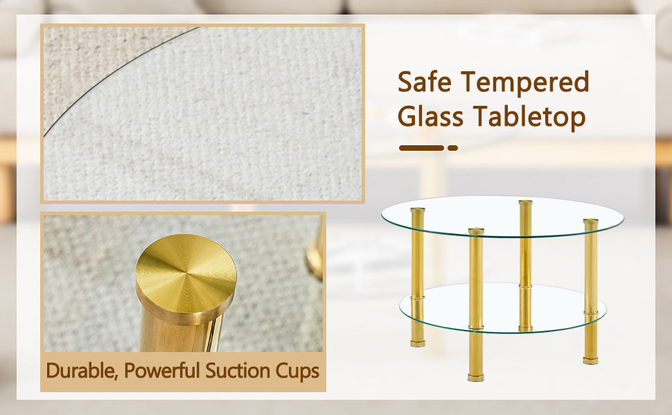 Round tempered glass coffee table with gold metal legs and two shelves