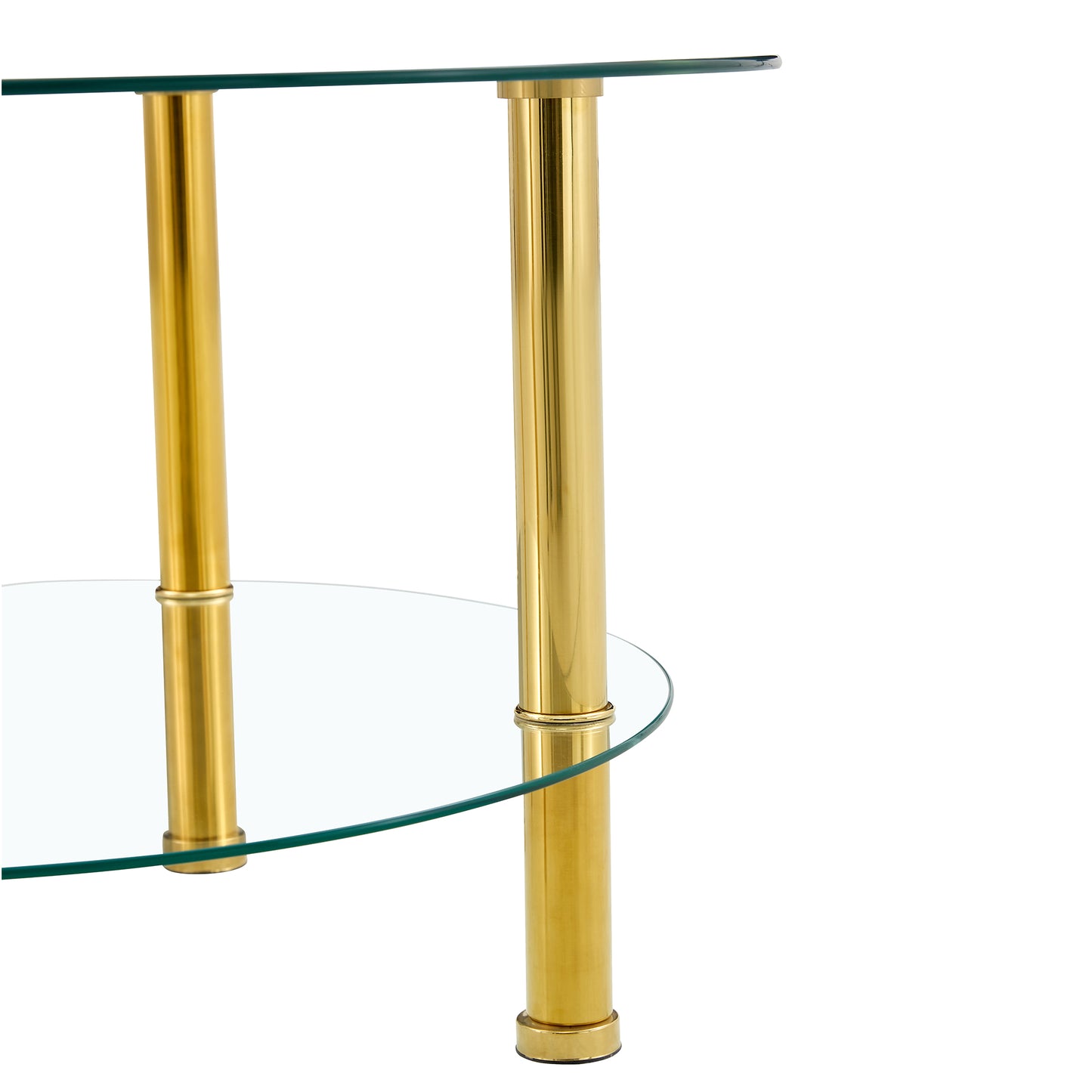 Round glass coffee table with polished brass legs