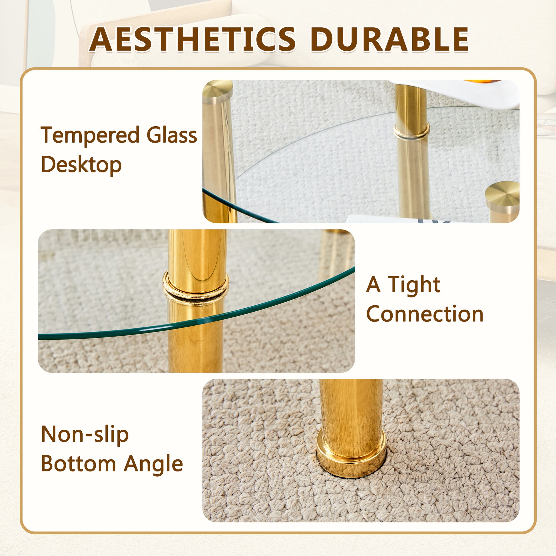 Tempered glass desktop with polished brass legs on plush carpet