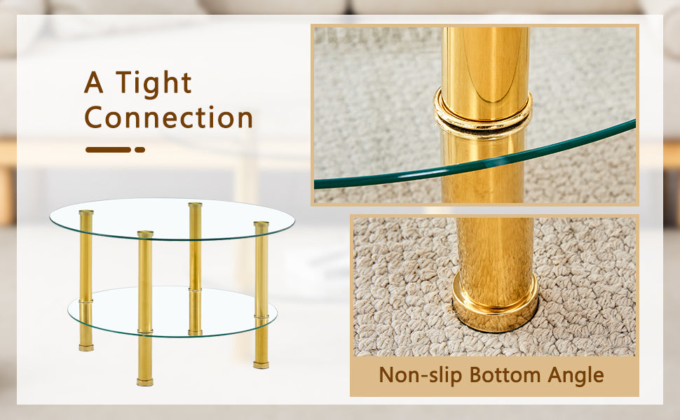 Modern twotier round glass coffee table with gold metal legs