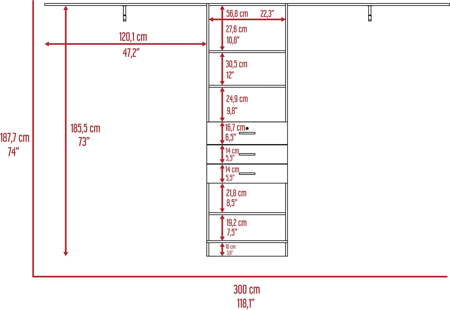 Wardrobe shelving unit diagram with dimensions cm H x cm W