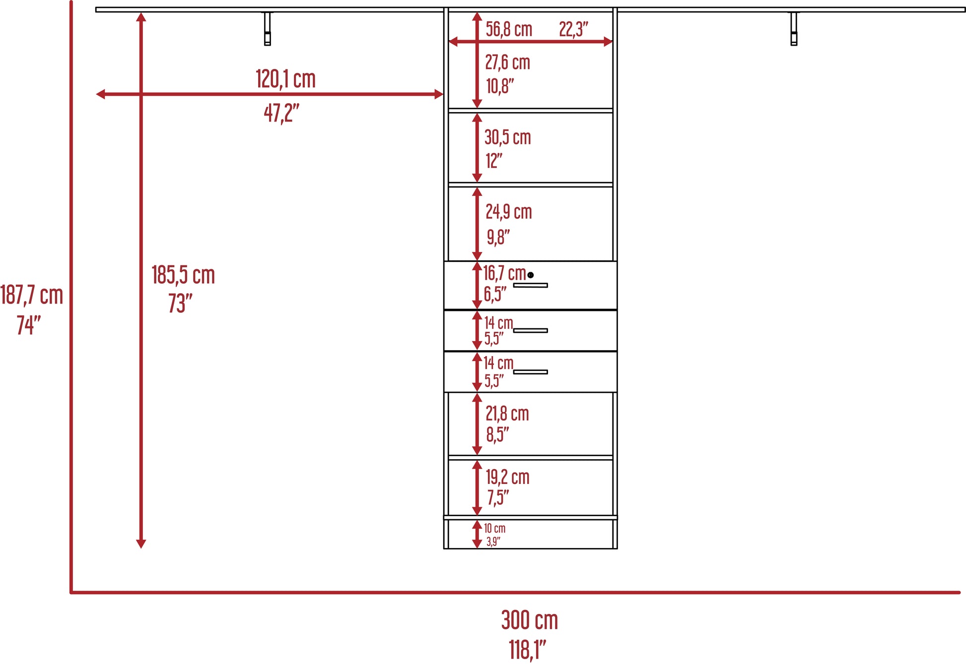 Wardrobe shelving unit diagram with dimensions cm H x cm W