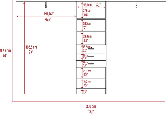 Wardrobe shelving unit diagram with dimensions cm H x cm W